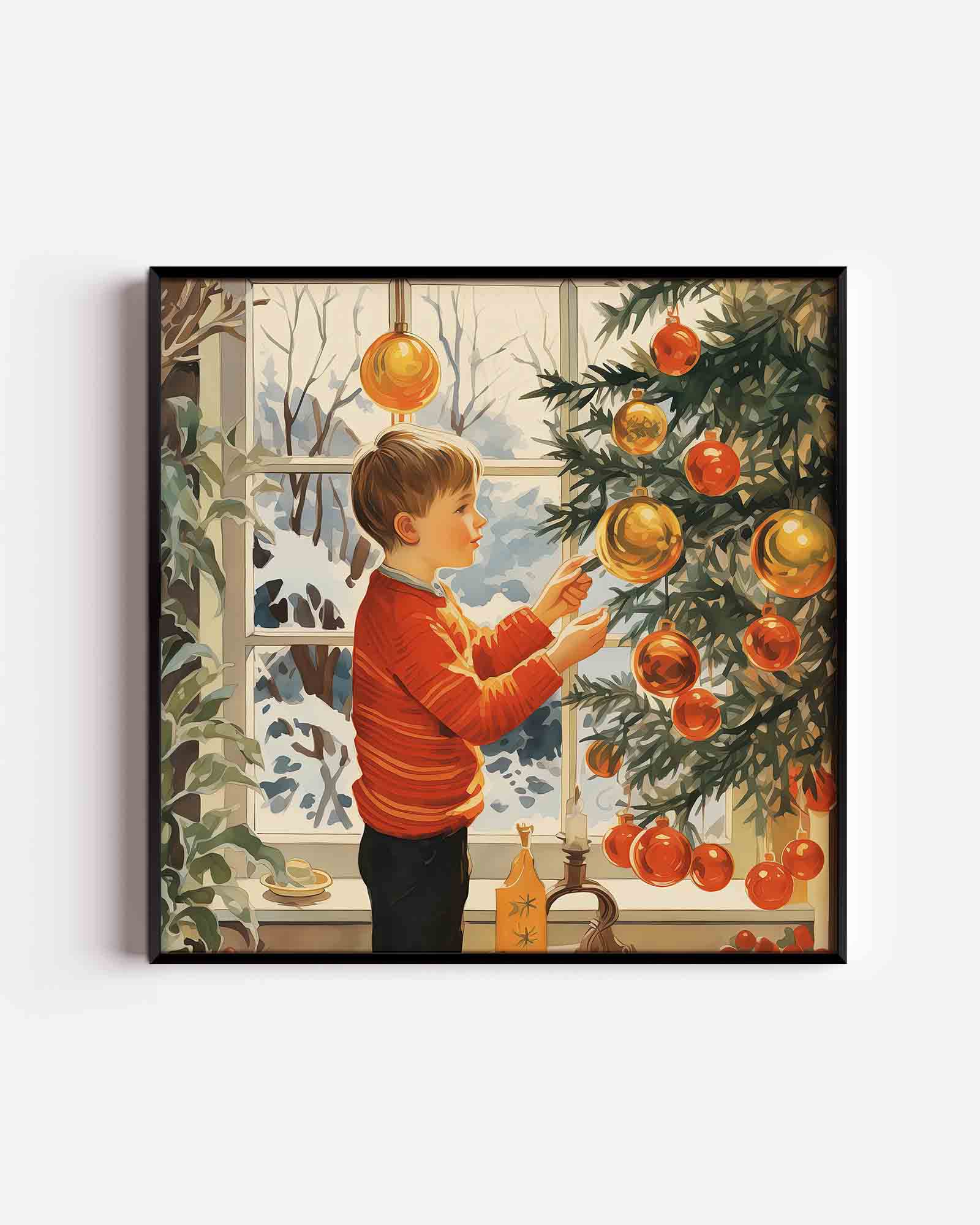 Jongen bij kerstboom Poster