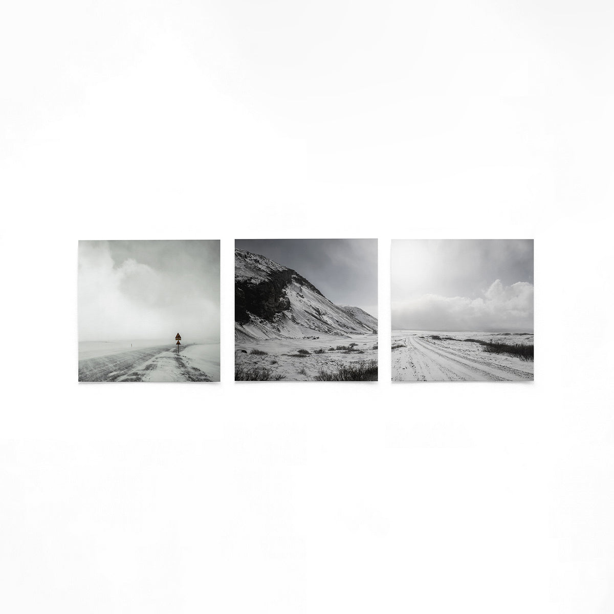 Productfoto van drie vierkante posters met stilte in sneeuwland – Gerald Emming