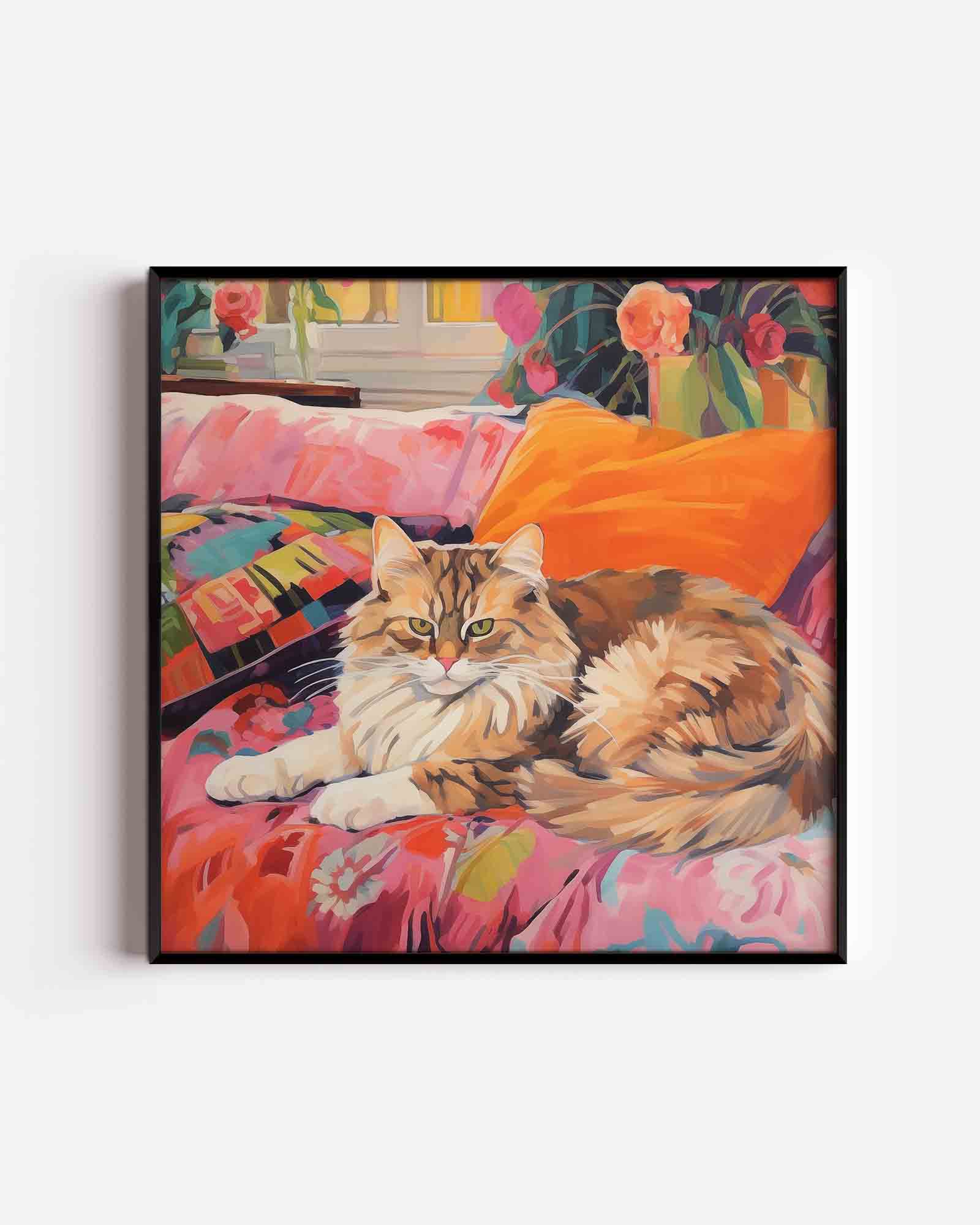 Kat op kleurrijke bank Poster