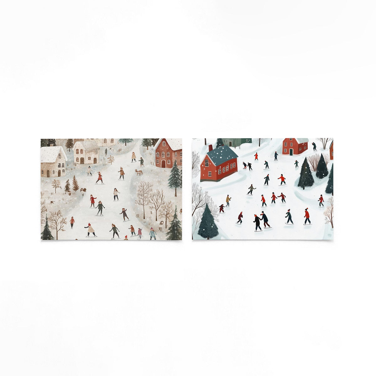 Twee liggende posters met kinderen schaatsen vrolijk op een kronkelende ijsbaan op een gebroken witte achtergrond