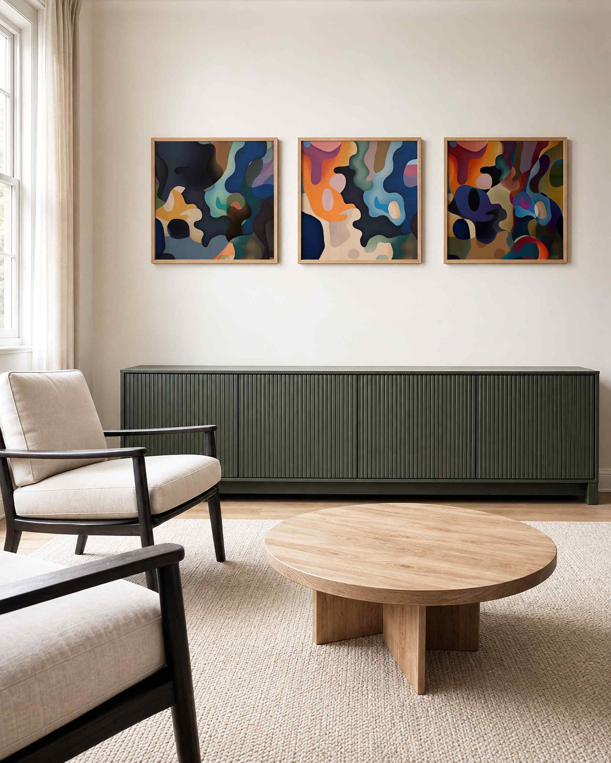 Interieurpresentatie van een driedelige vierkante posterset met abstracte vormen