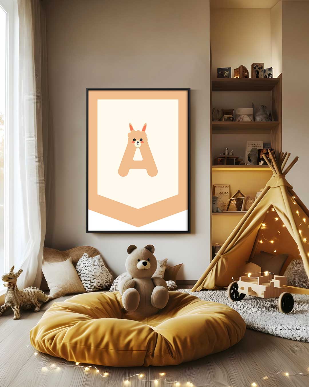 Schattige Alpaca Letter A Kunstwerk-canvas-dibond-plexiglas-wanddecoratie-WallArtistic