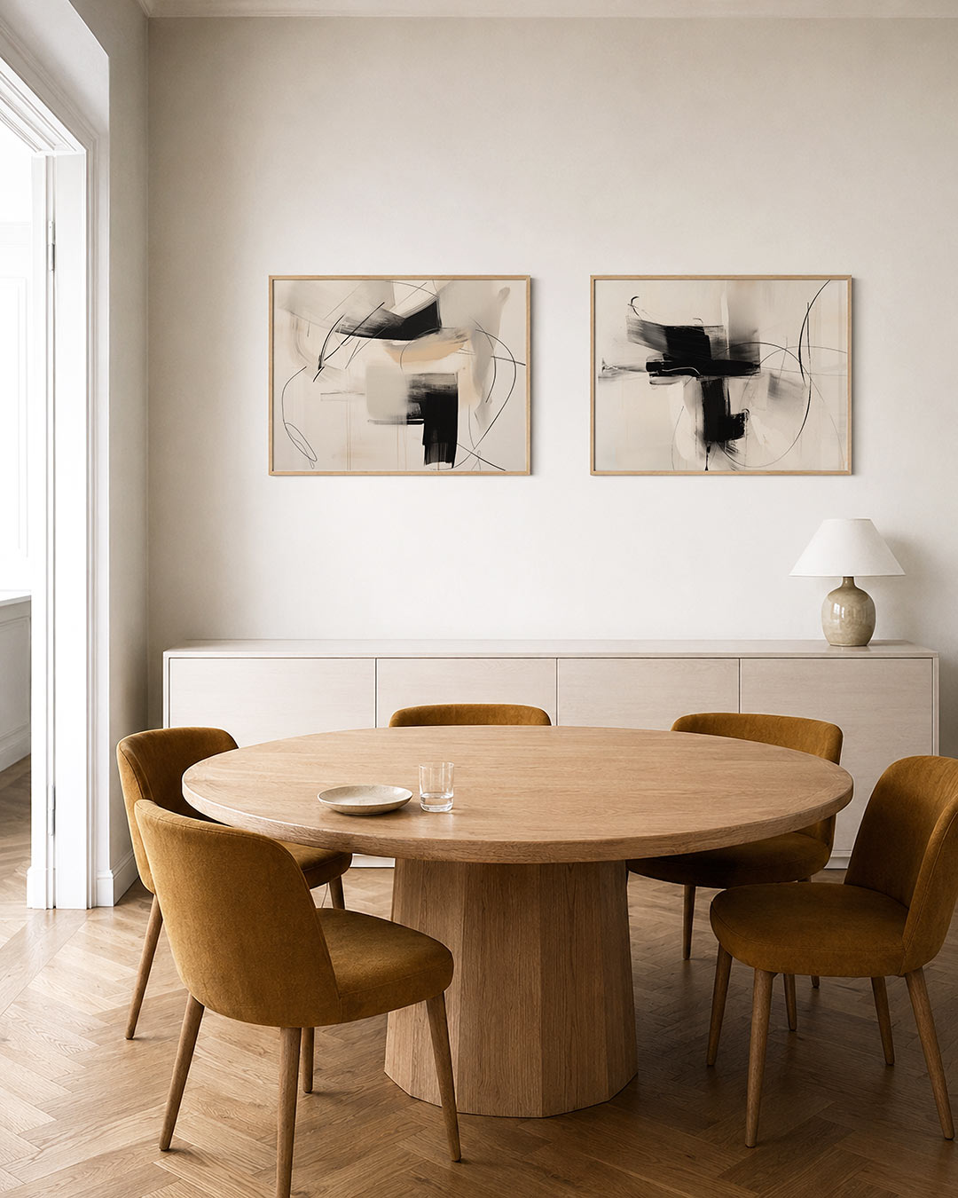 Tweedelige posterset met vloeiende zwarte en beige vlakken, getoond in een interieur