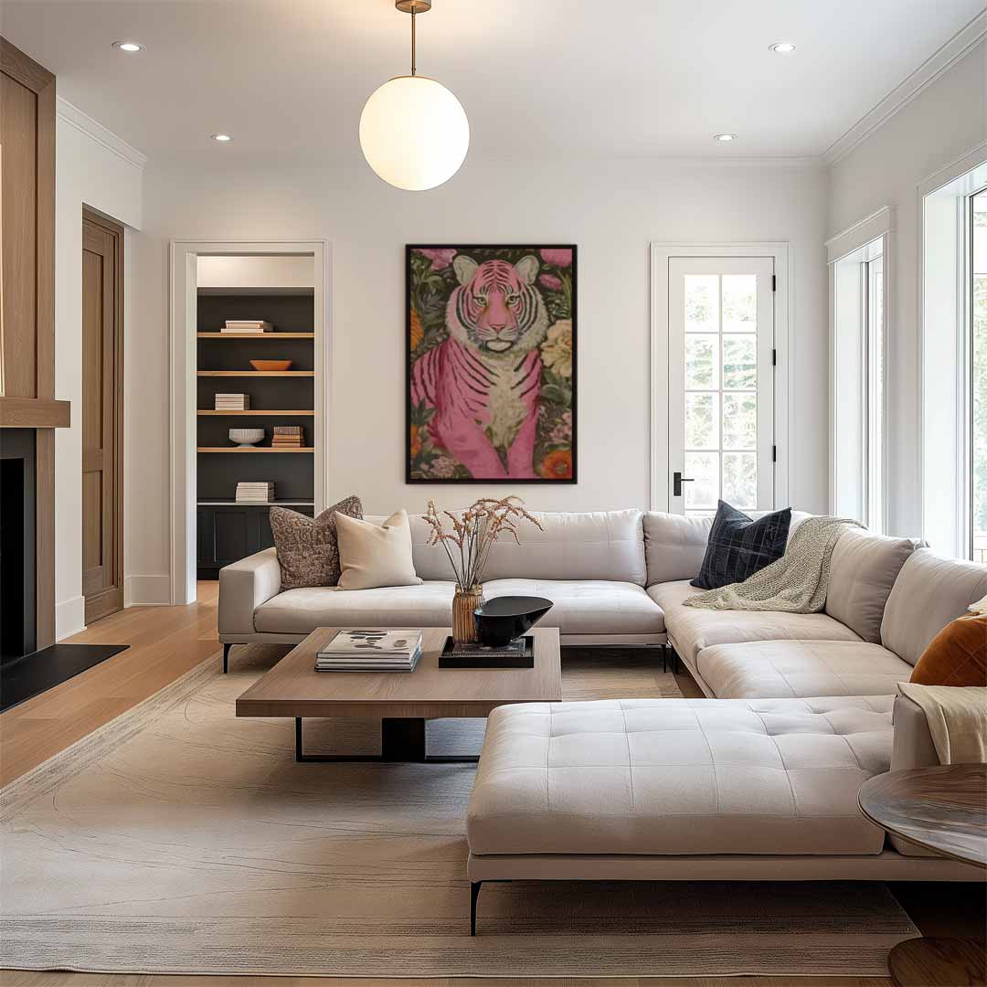 Kleurrijke Tijger in Bloementuin Kunstwerk-canvas-dibond-plexiglas-wanddecoratie-WallArtistic
