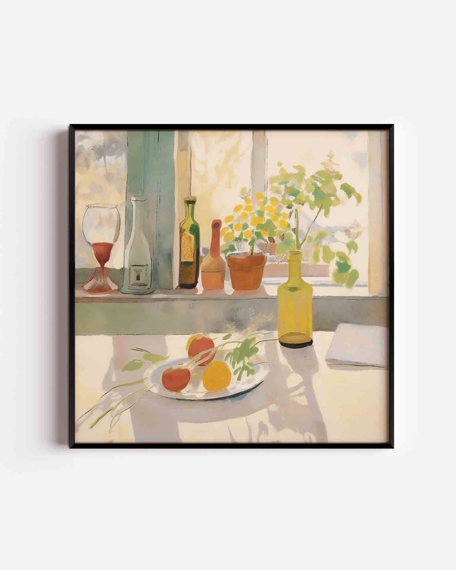 Stilleven met flessen en fruit Poster