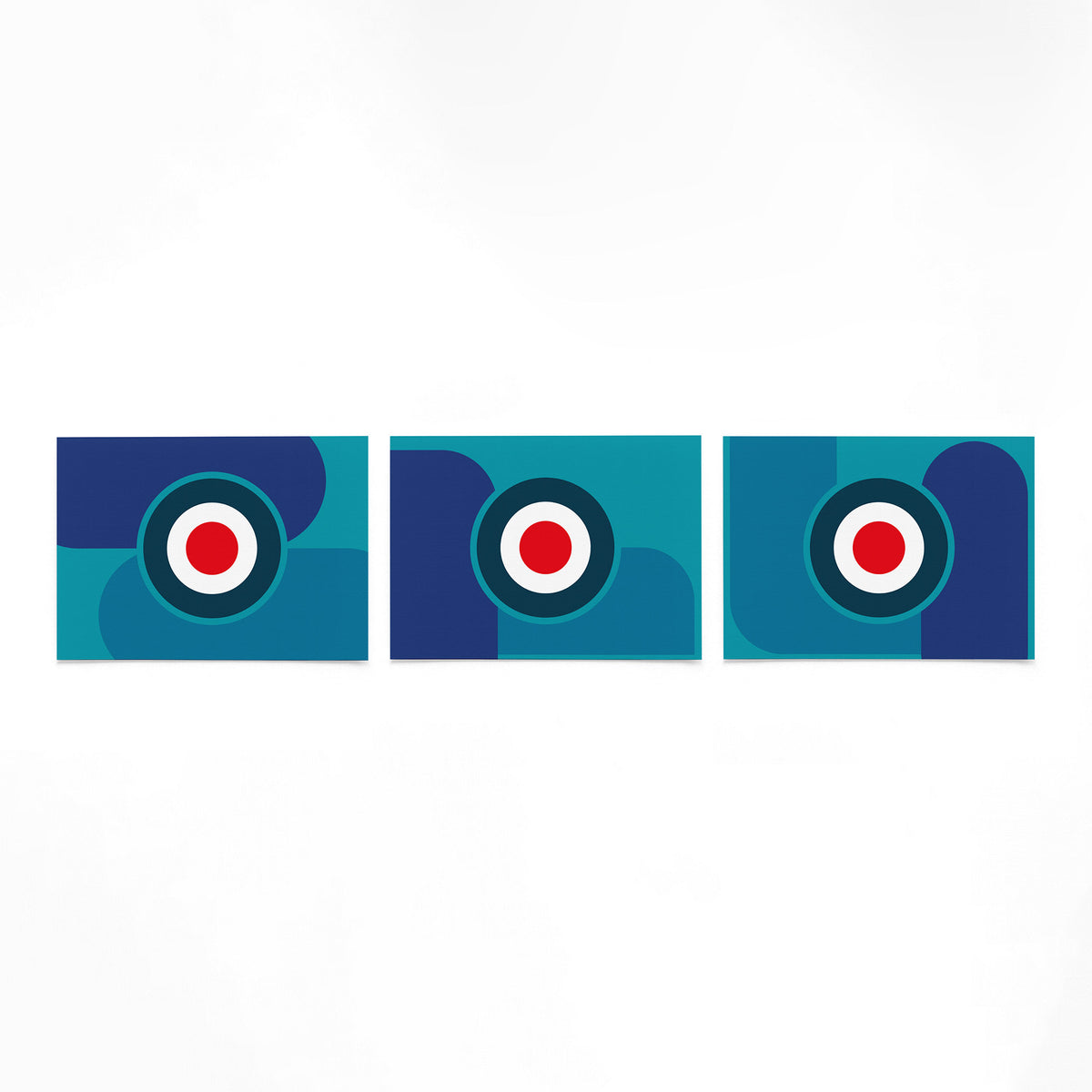 Drie landscape posters met turquoise doelcirkels als vrijstaande productfoto