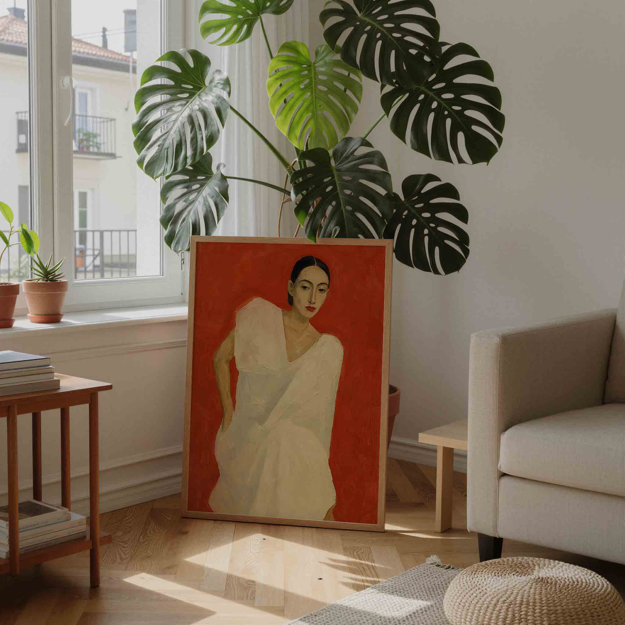 Vrouw in witte jurk Poster