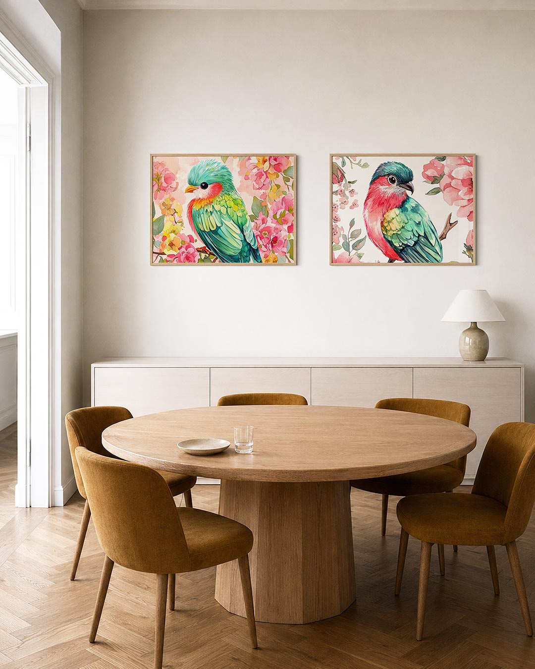 Twee liggende posters met een levendige vogel met turquoise en groene veren, aan de muur in een interieur
