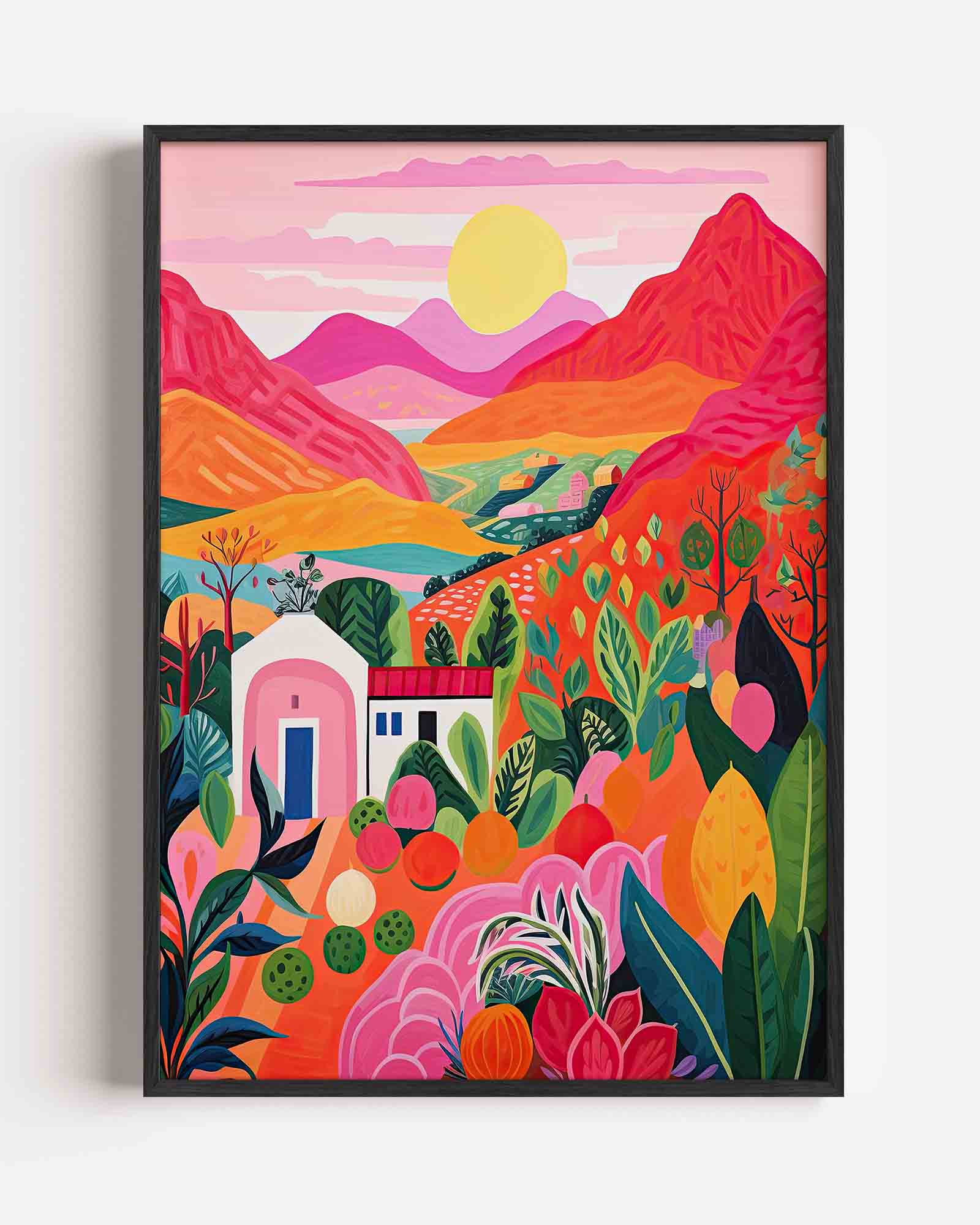 Landschap met bergen en zon Poster