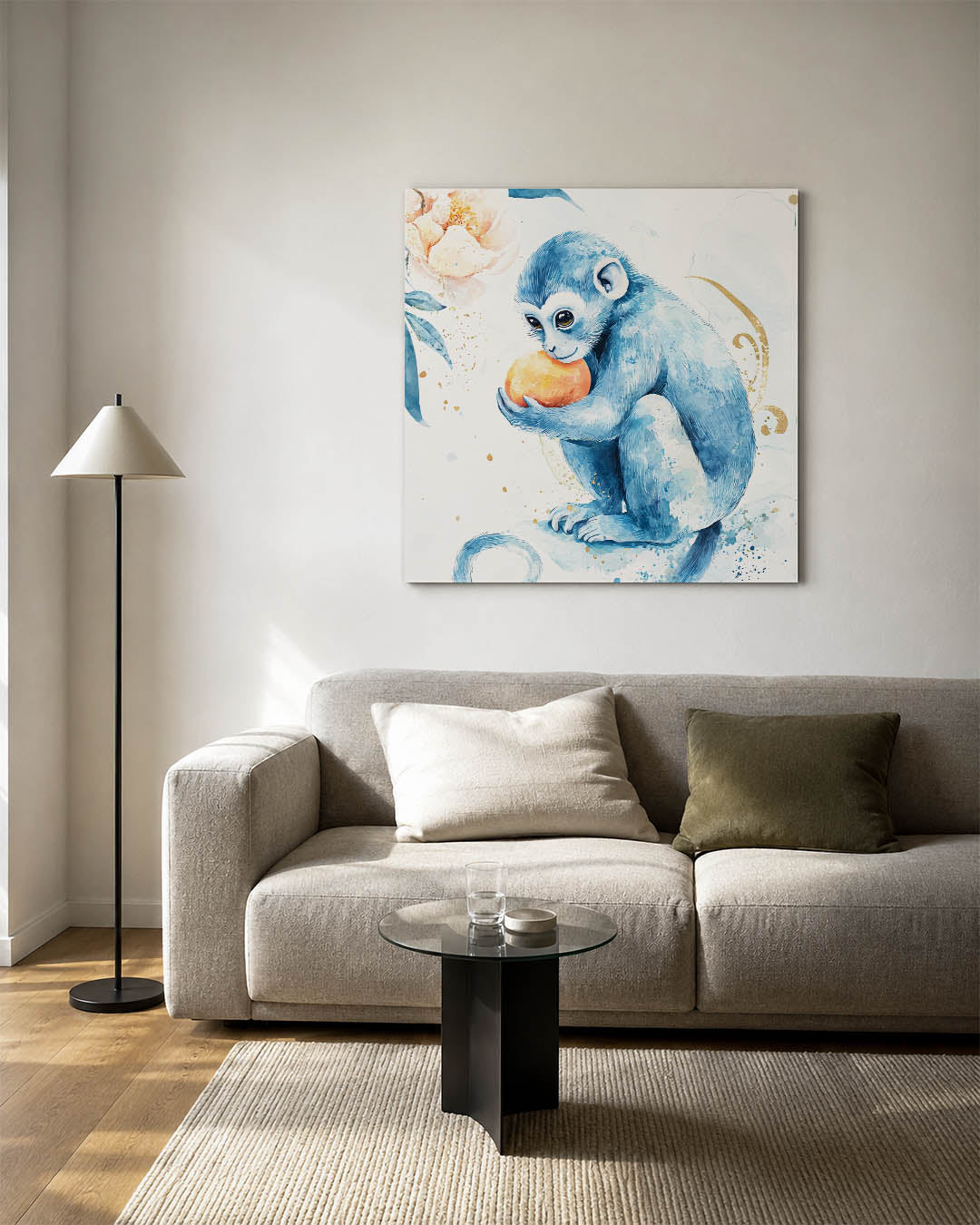 Speelse blauwe aap Kunstwerk