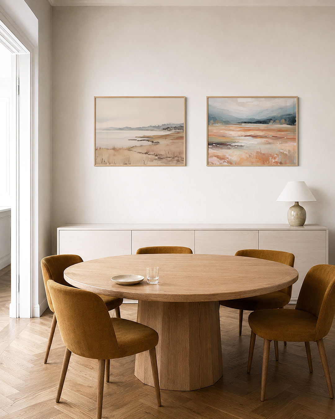 Interieurpresentatie van twee posters met een kustlijn in zachte tinten van beige en blauw