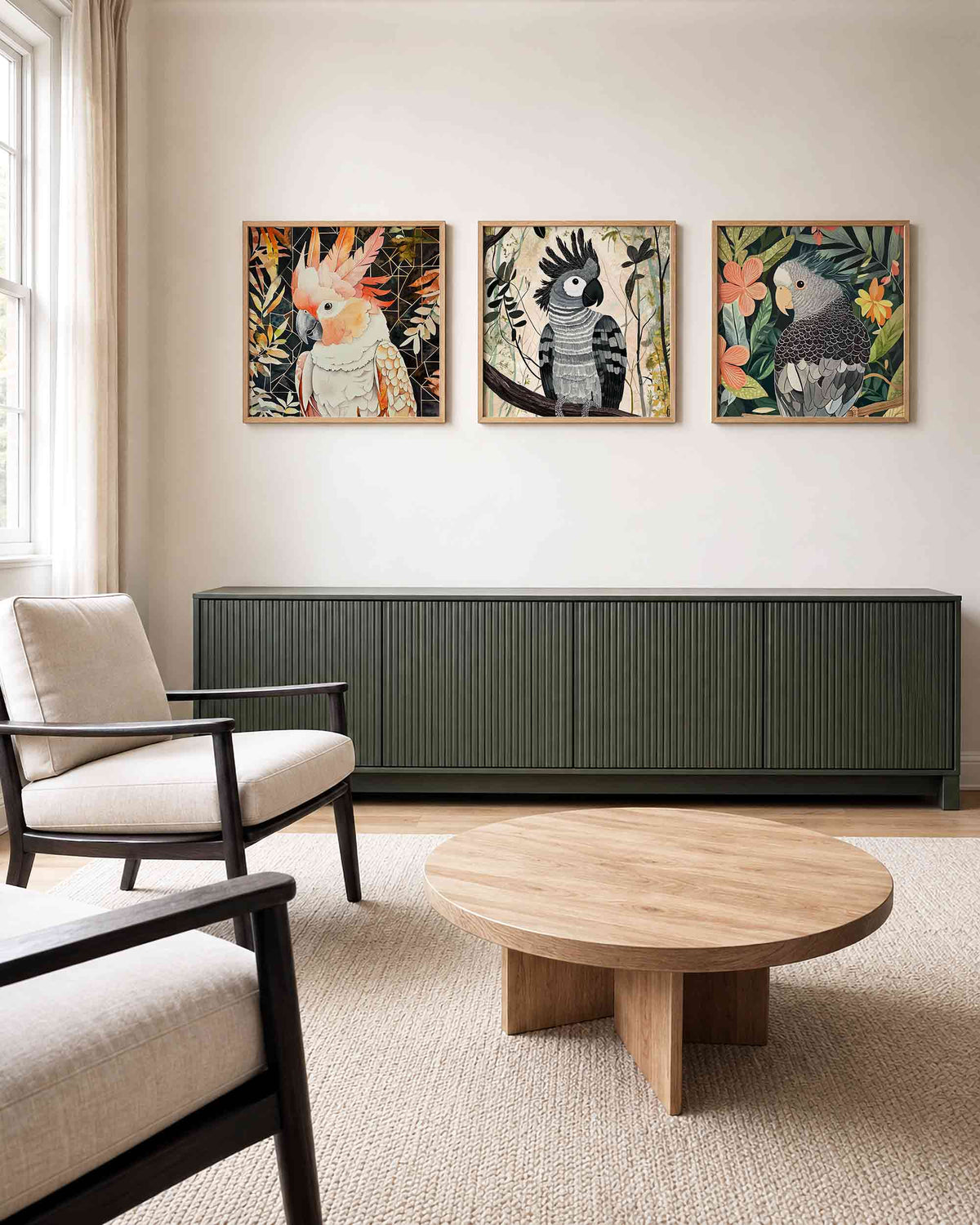 Interieurpresentatie van een driedelige vierkante posterset met papegaaien in tropisch groen