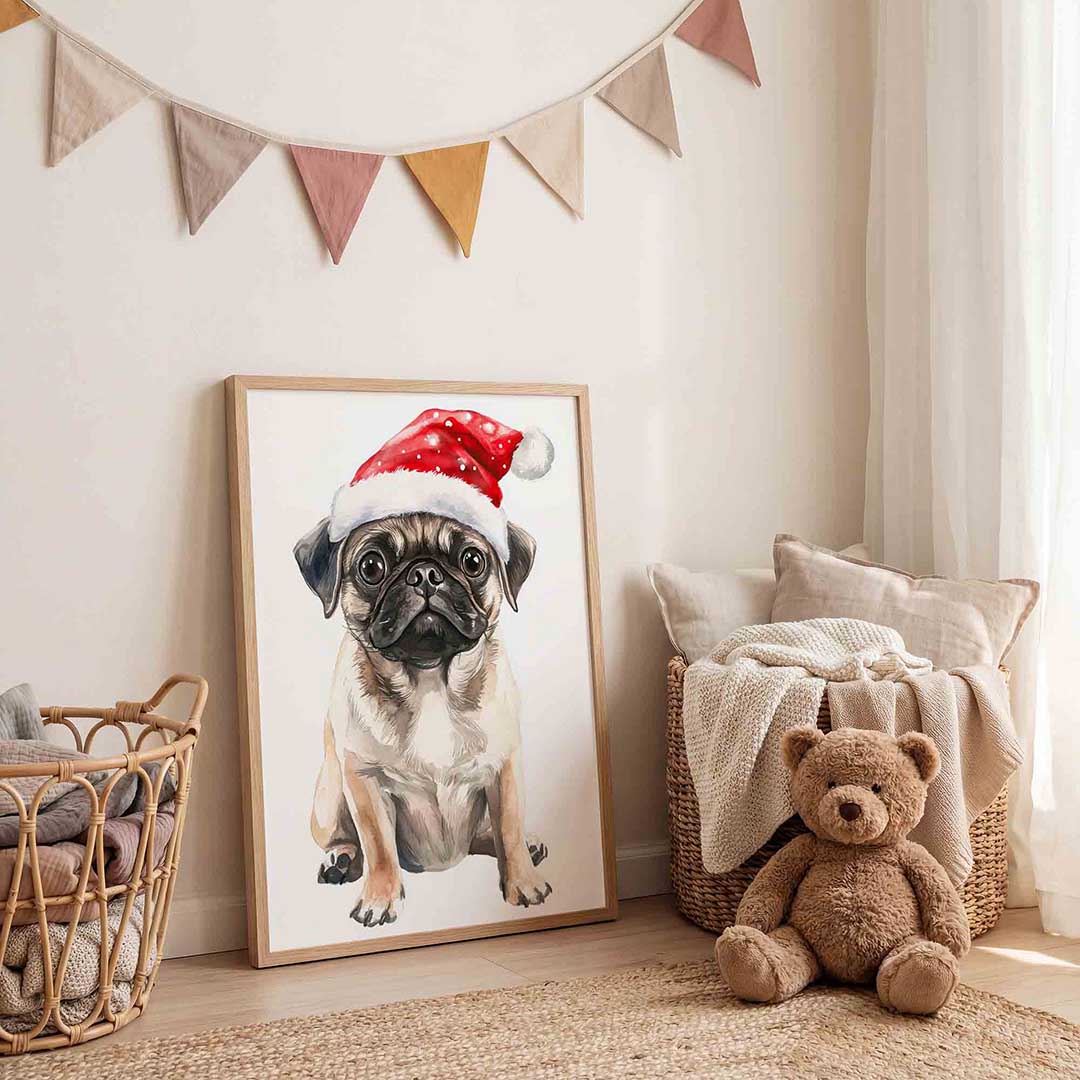 Mopshond met kerstmuts Poster