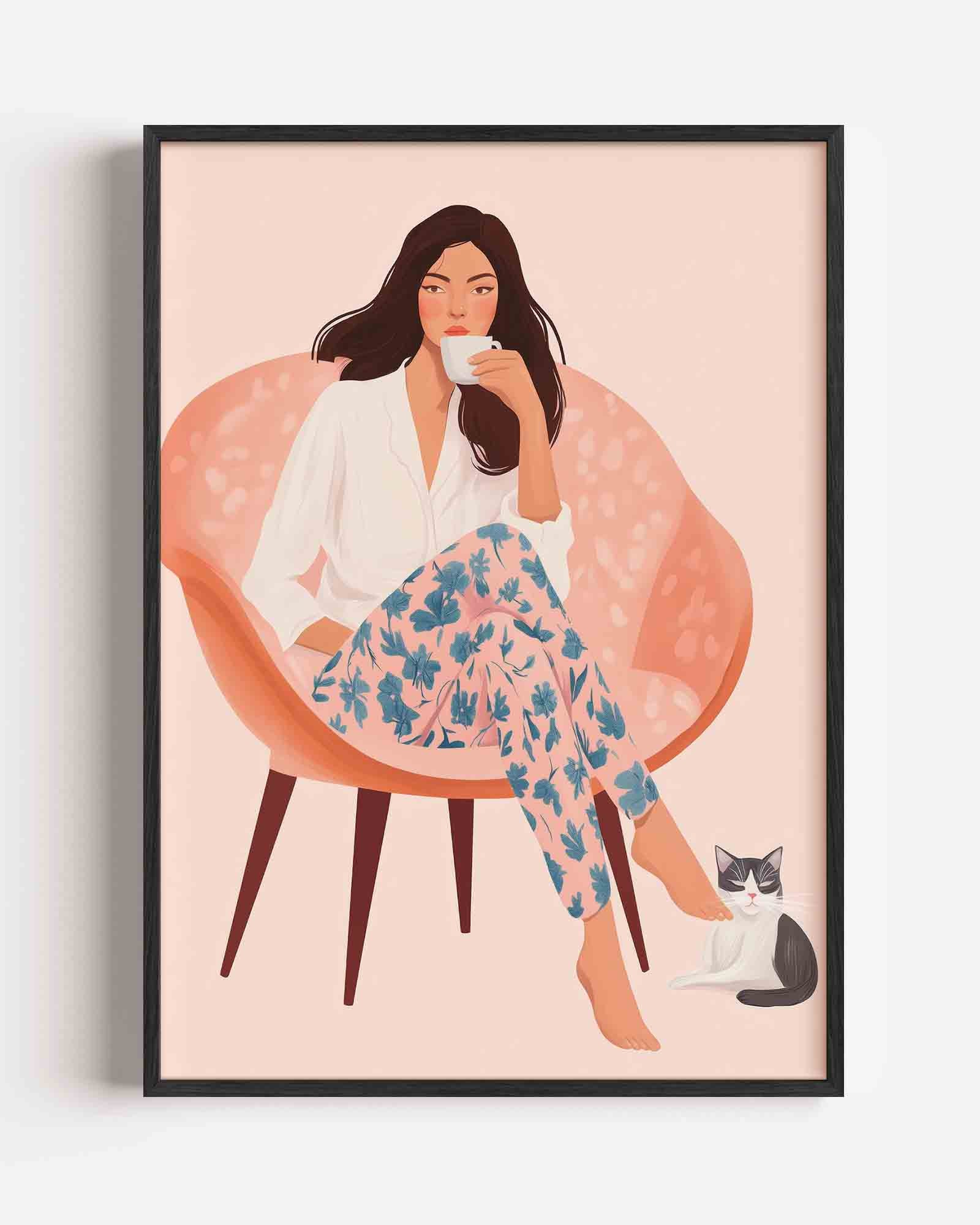 Vrouw met kopje en kat Poster