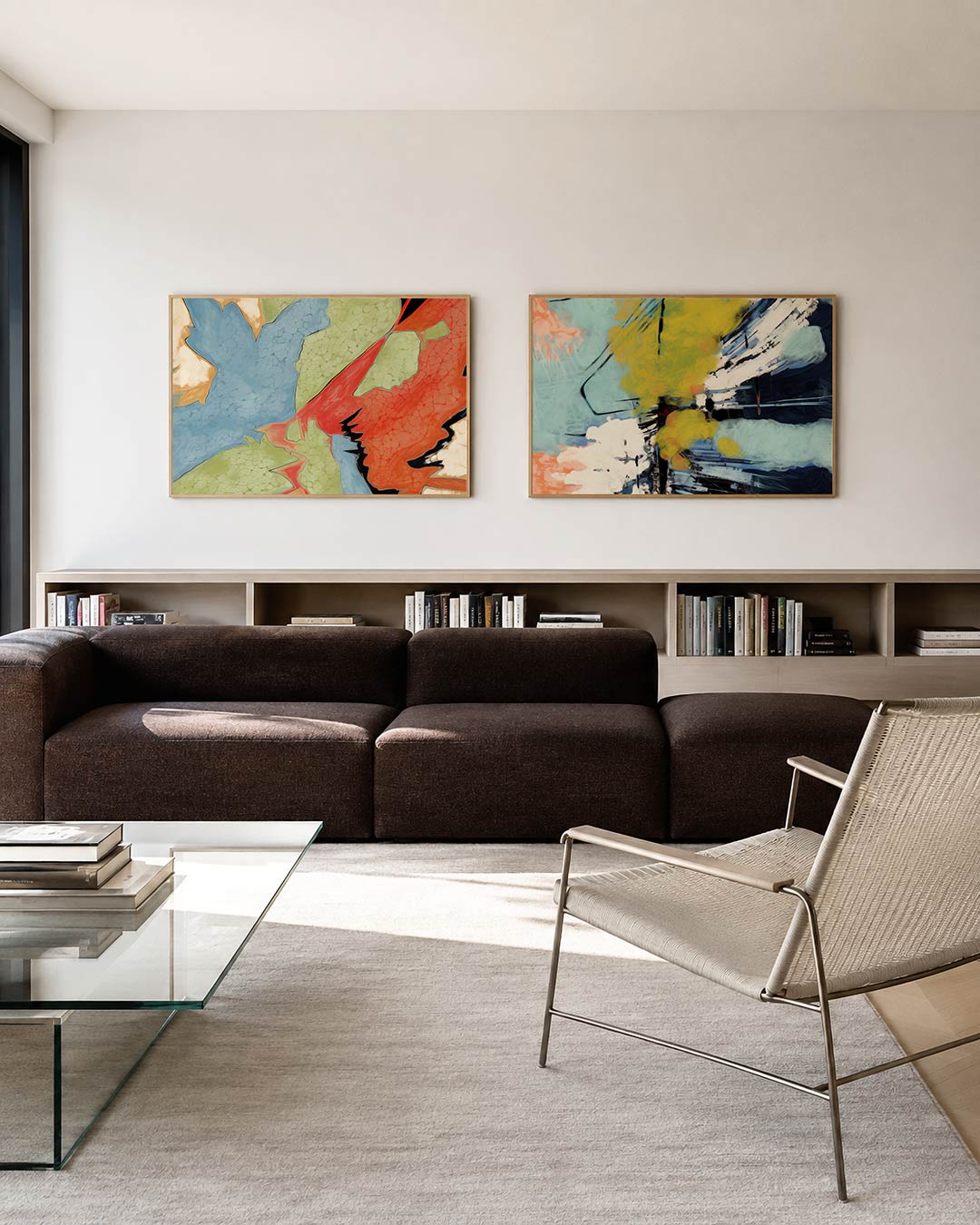 Tweedelige posterset met een dynamische mix van blauw, groen en rood, getoond in een interieur