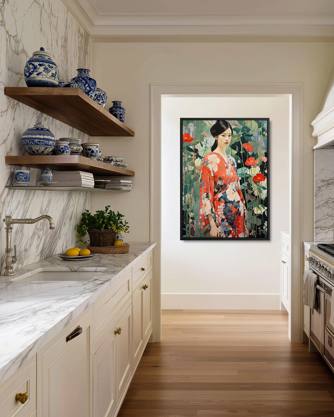 Vrouw in bloemen Kunstwerk