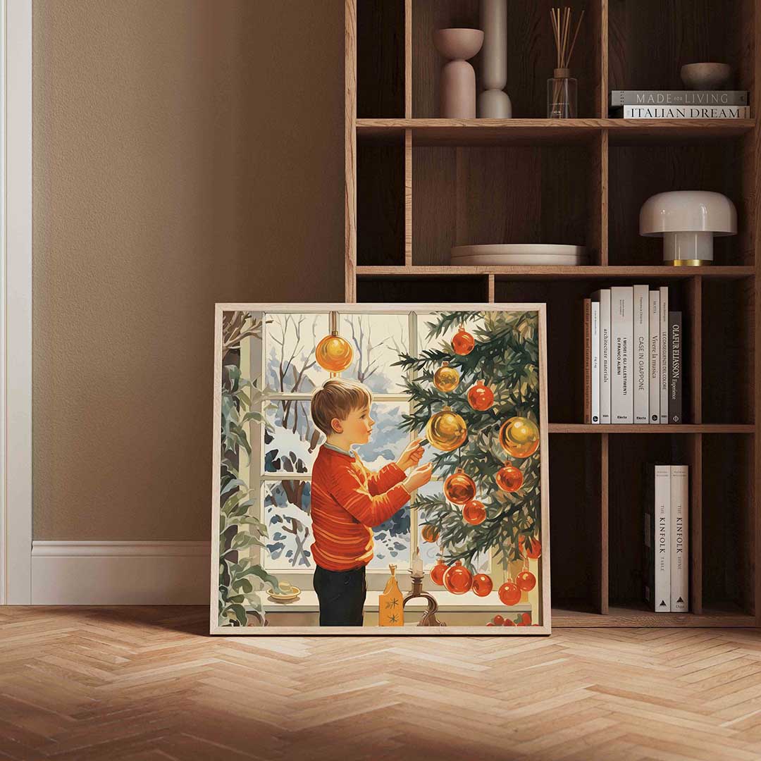 Jongen bij kerstboom Poster