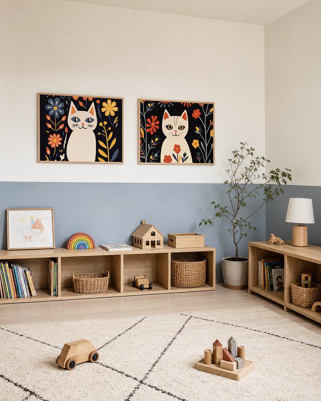 Interieurpresentatie van twee posters met een speelse kat omringd door kleurrijke bloemen