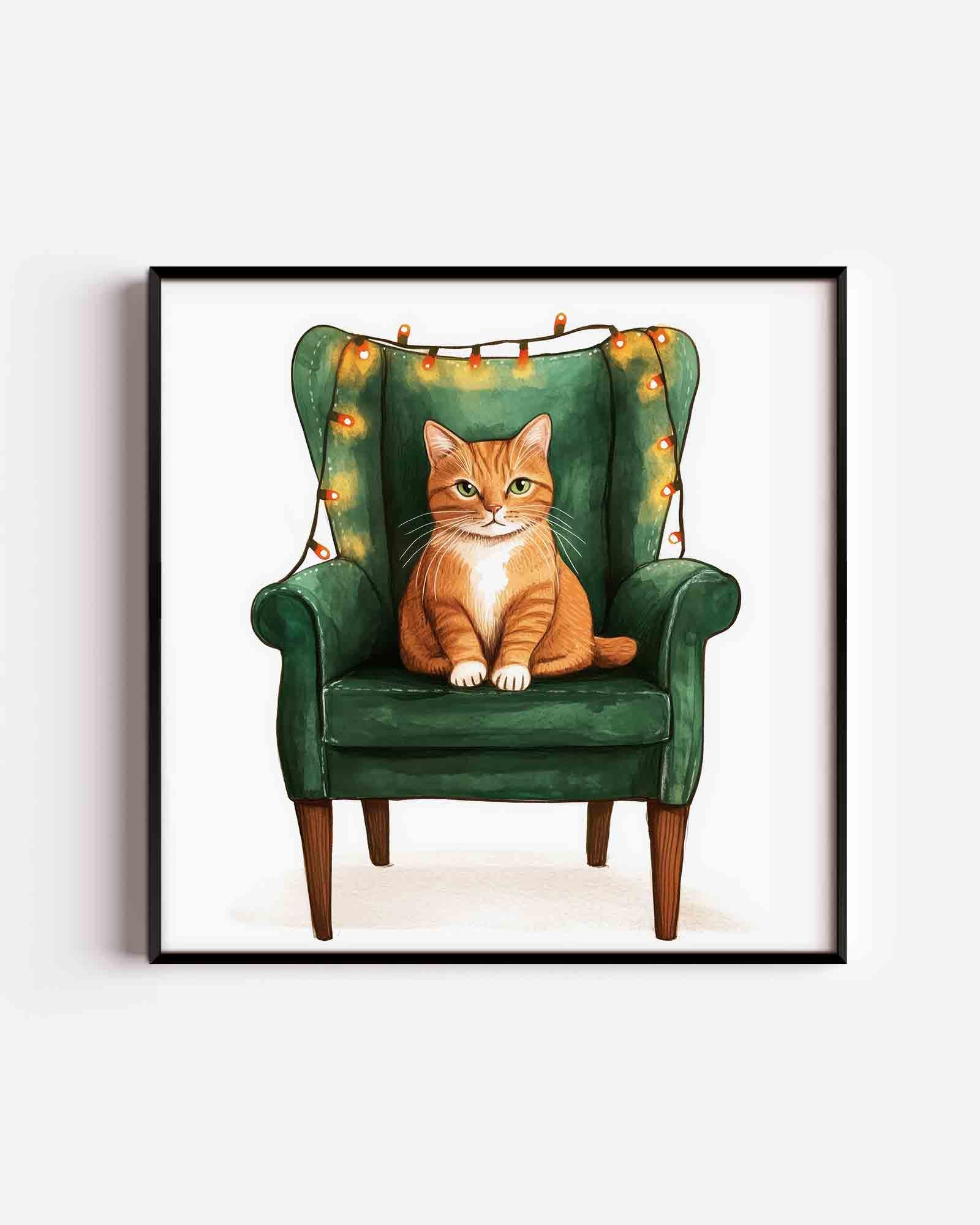 Kat op groene stoel Poster