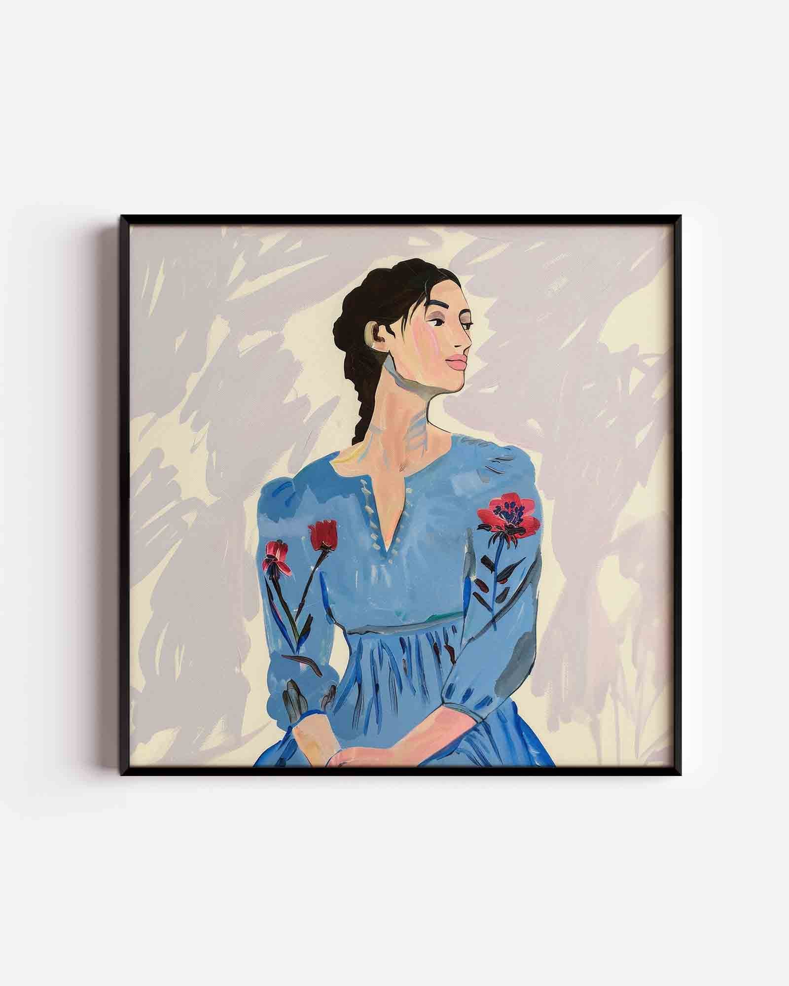 Vrouw in blauwe jurk Poster