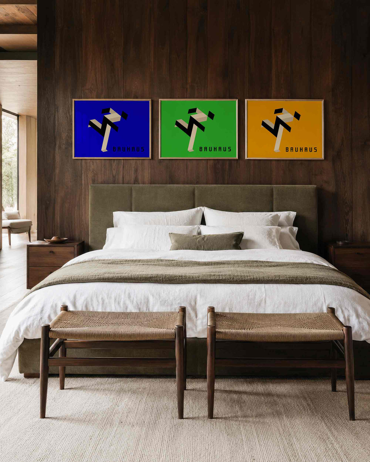 Interieurmockup van drieluik landscape-posterset met zigzag in drie kleuren