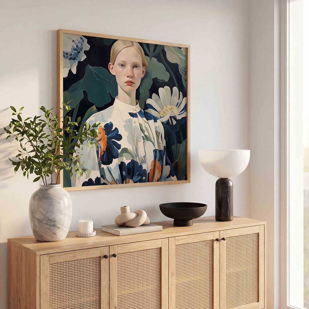 Vrouw met bloemenachtergrond Poster