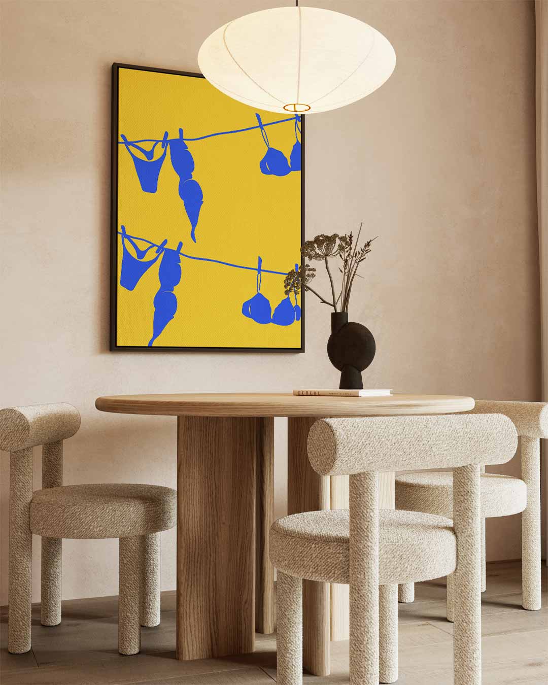 Blauw Wasgoed op Gele Draad Kunstwerk-canvas-dibond-plexiglas-wanddecoratie-WallArtistic