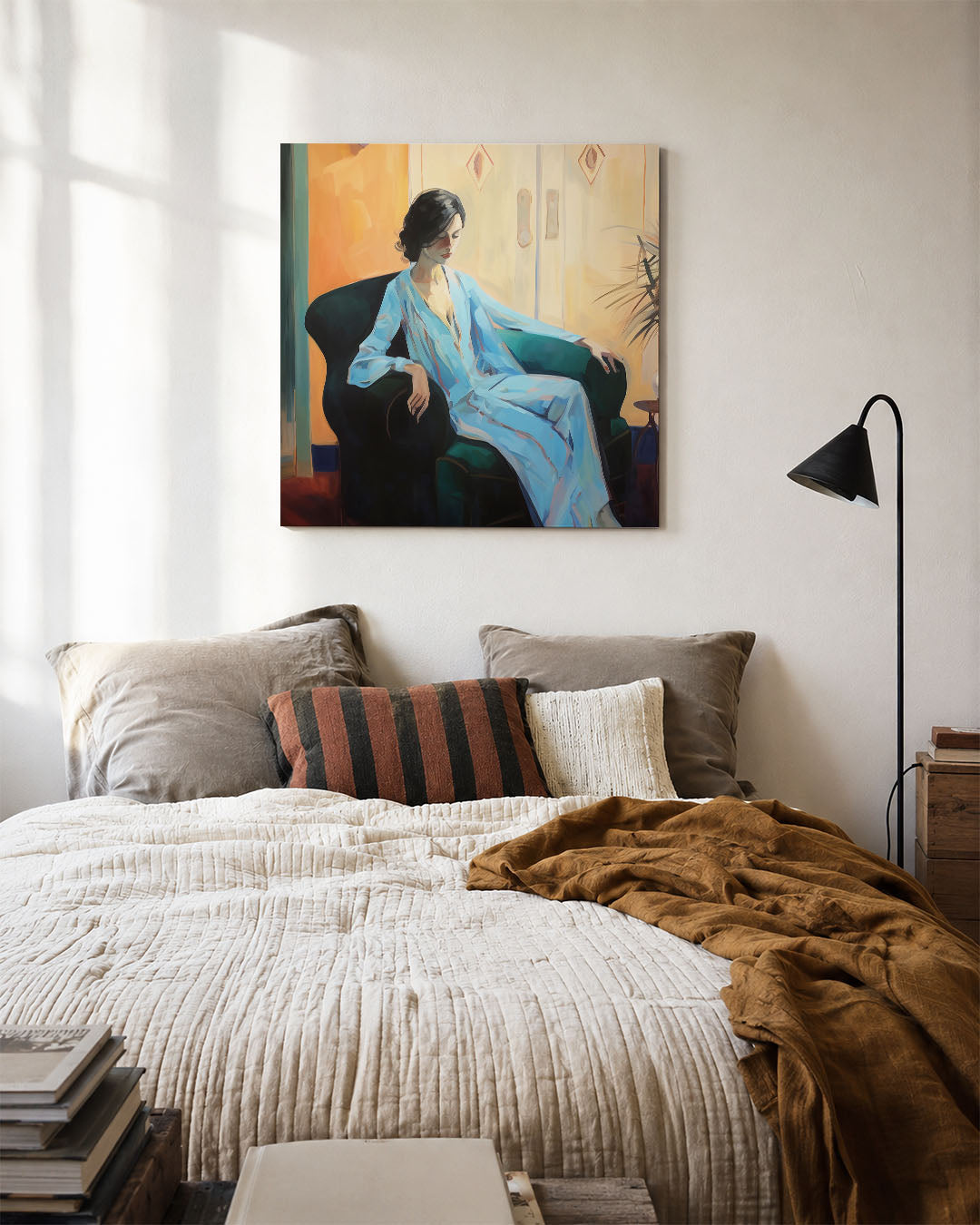 Vrouw in blauwe kamer Kunstwerk