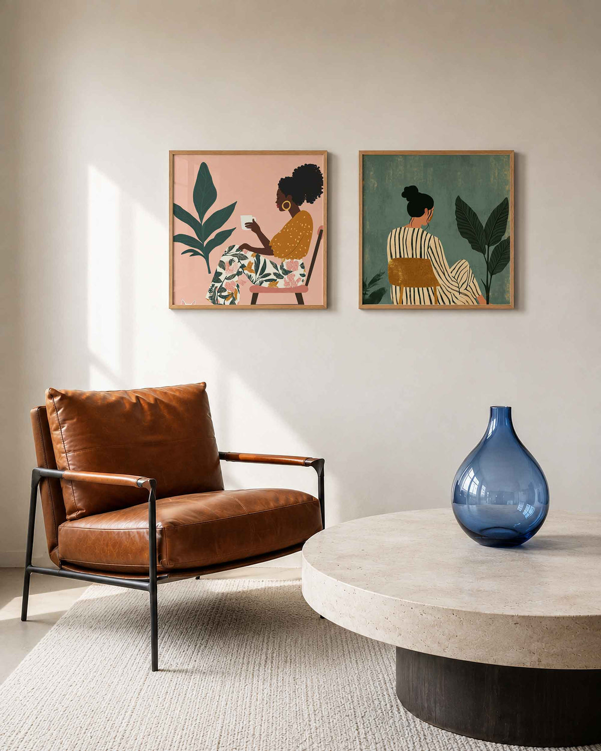 Interieurpresentatie van een tweedelige vierkante posterset met vrouwen en tropische bladeren
