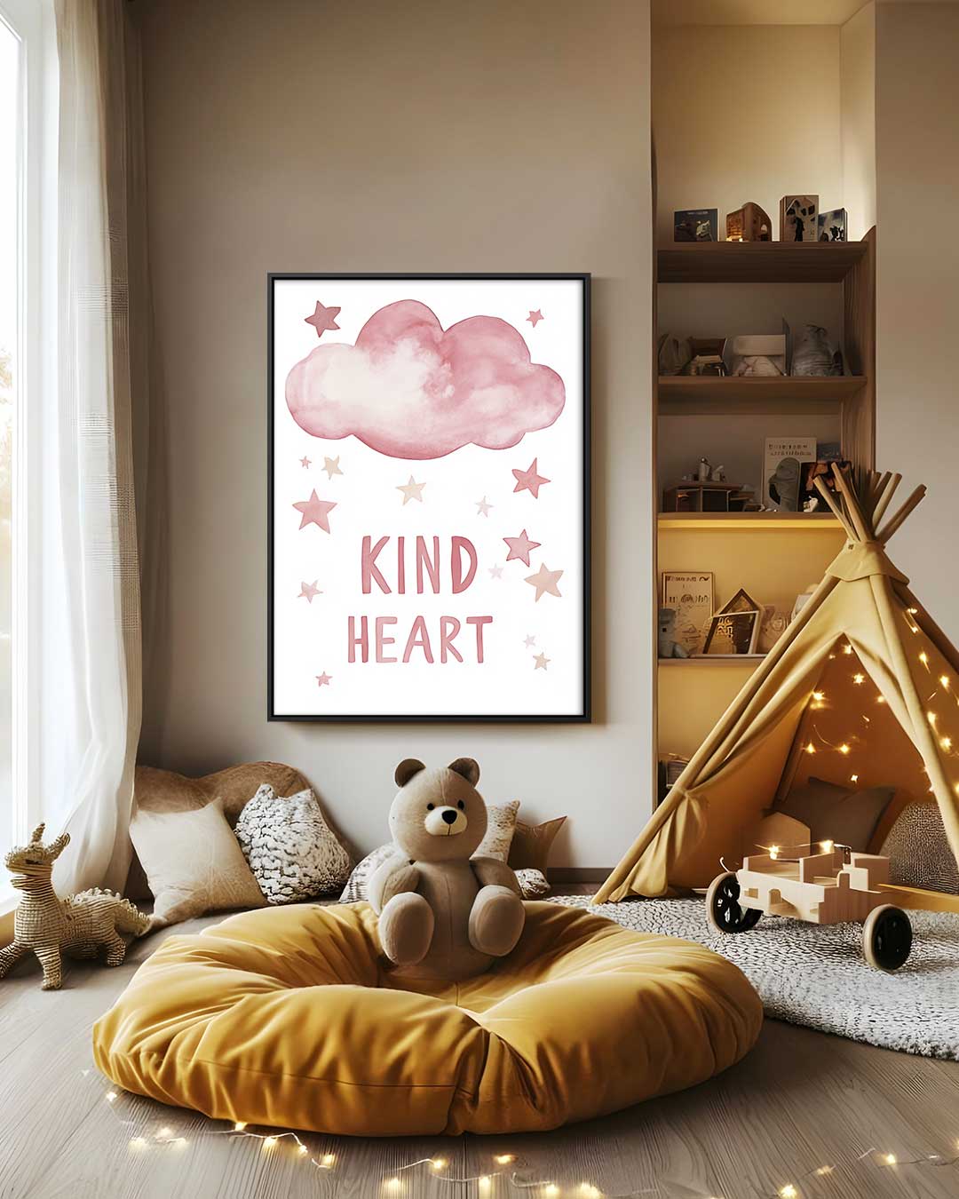 Dromerige Roze Wolk en Sterren Poster Kunstwerk-canvas-dibond-plexiglas-wanddecoratie-WallArtistic