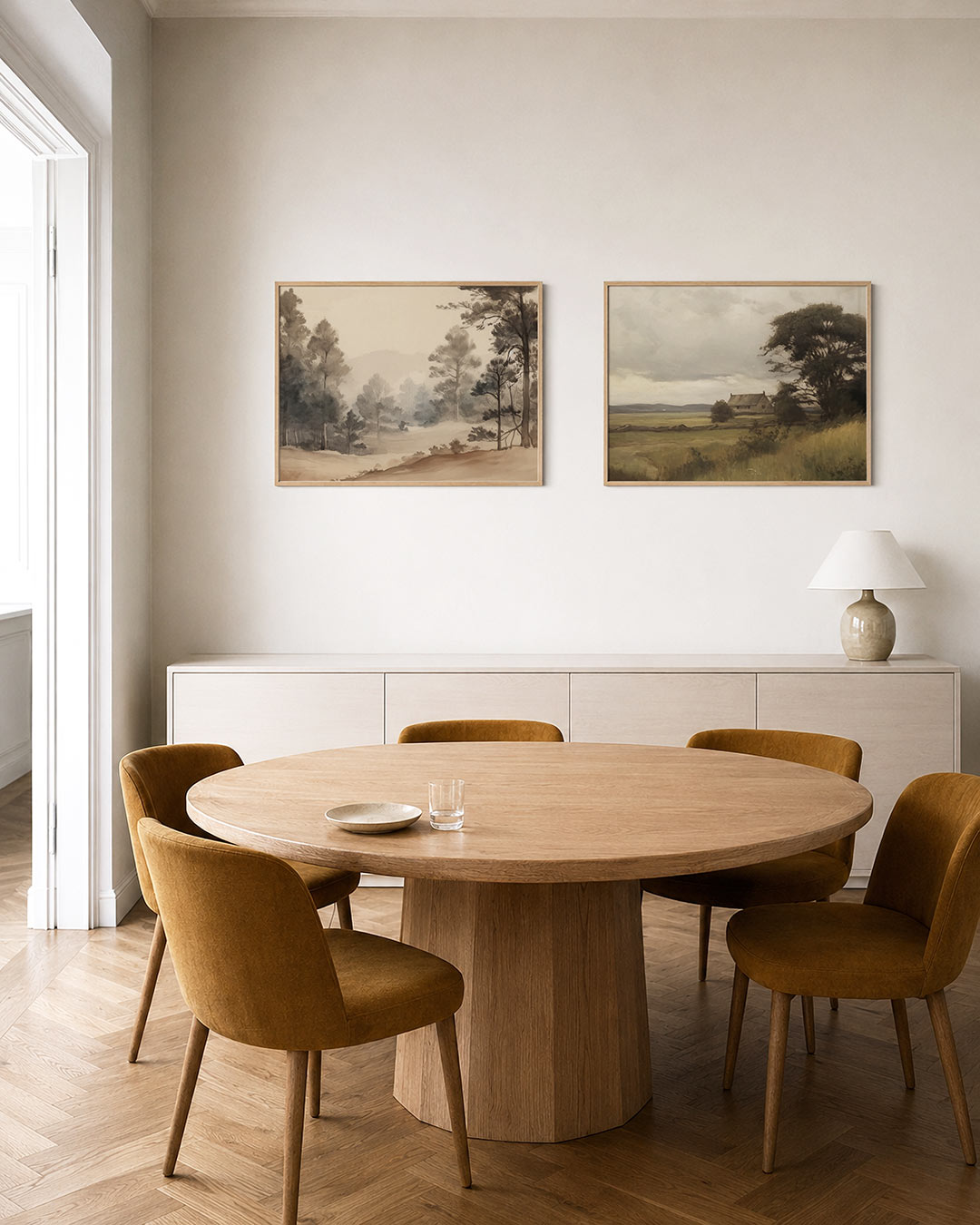 Interieurpresentatie van twee posters met een zachte, mistige bosomgeving