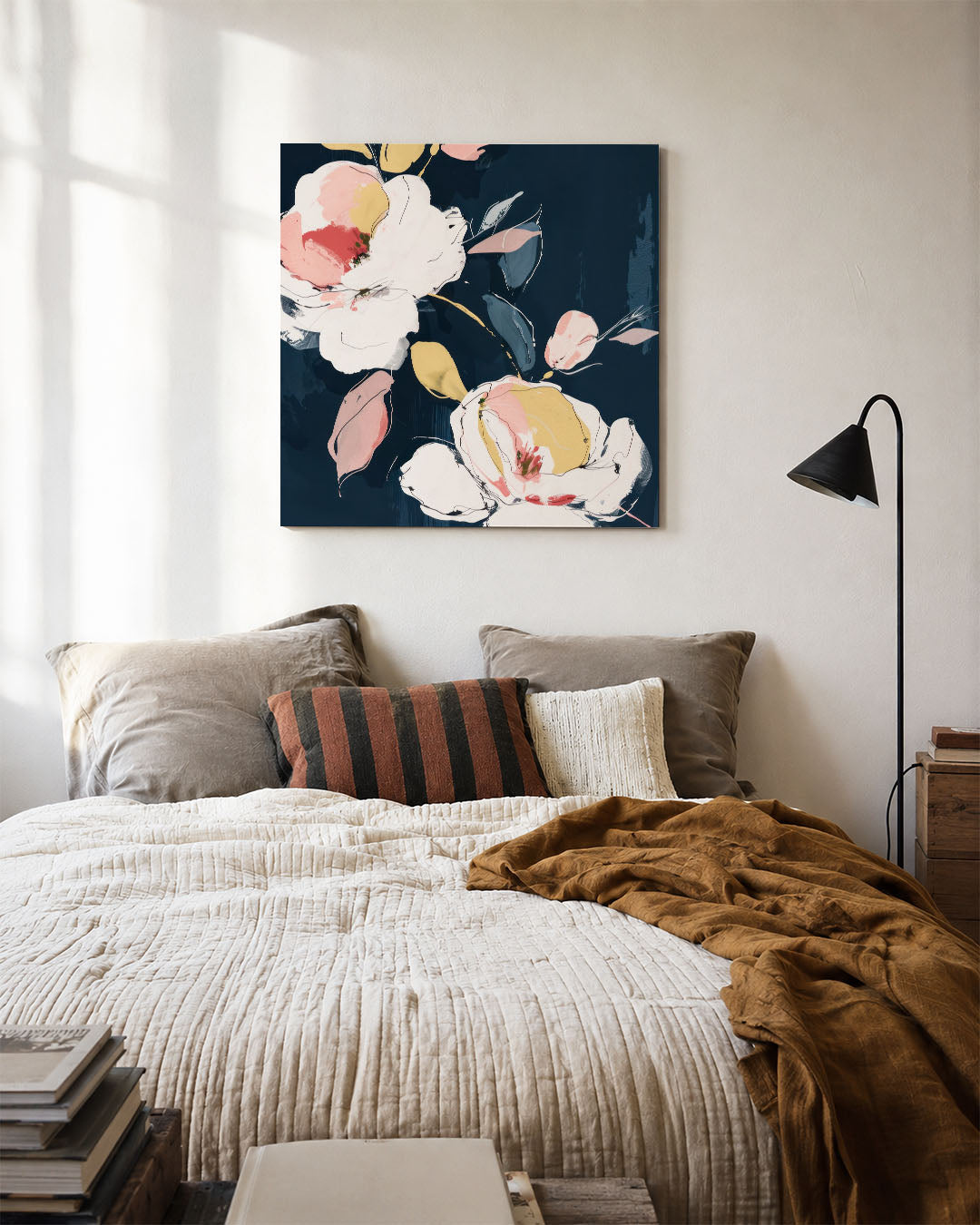 Bloemmotief op donkere achtergrond Kunstwerk
