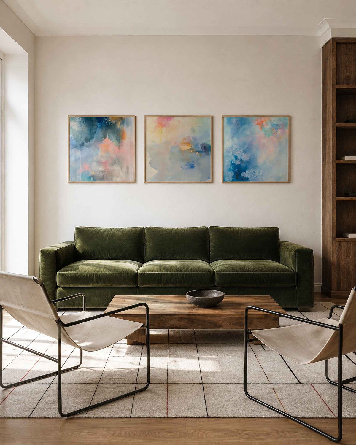 Interieurpresentatie van een driedelige vierkante posterset met abstracte blauwe schilderingen