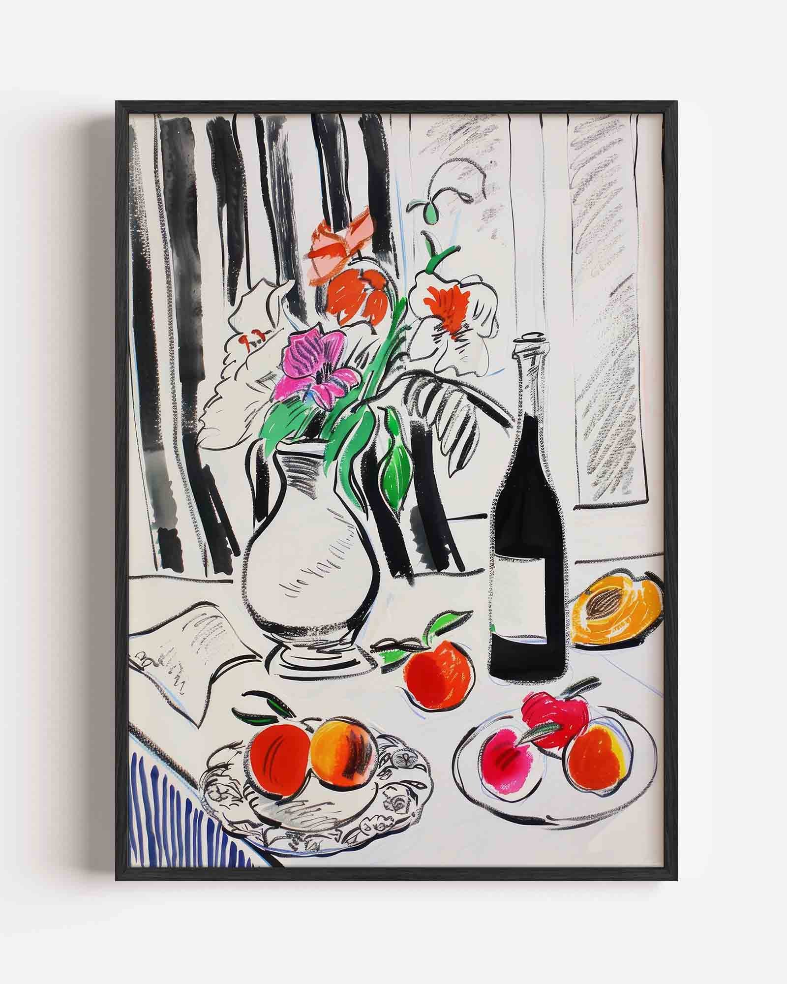 Bloemen en fruit op tafel Poster