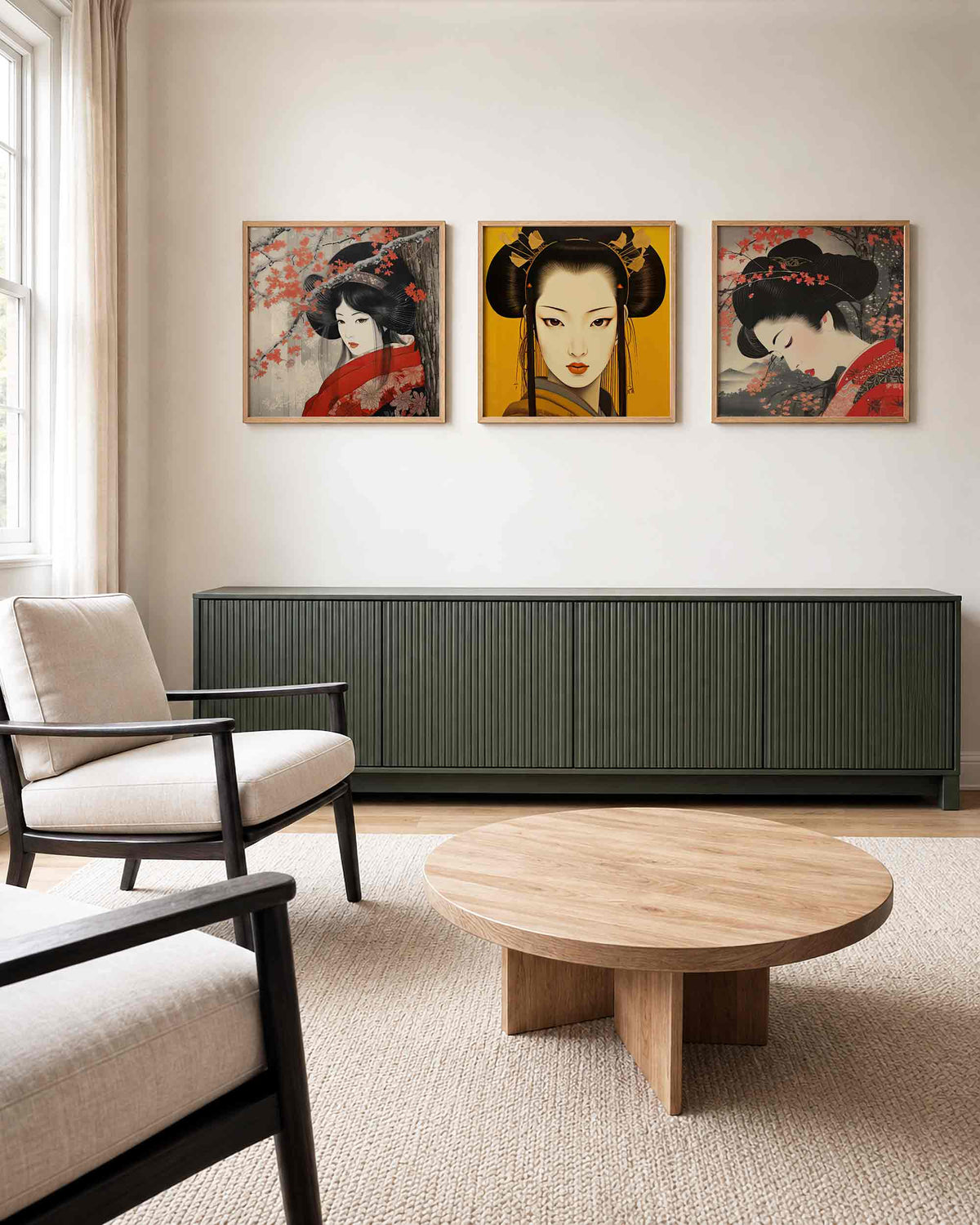 Interieurpresentatie van een driedelige vierkante posterset met japanse vrouwen