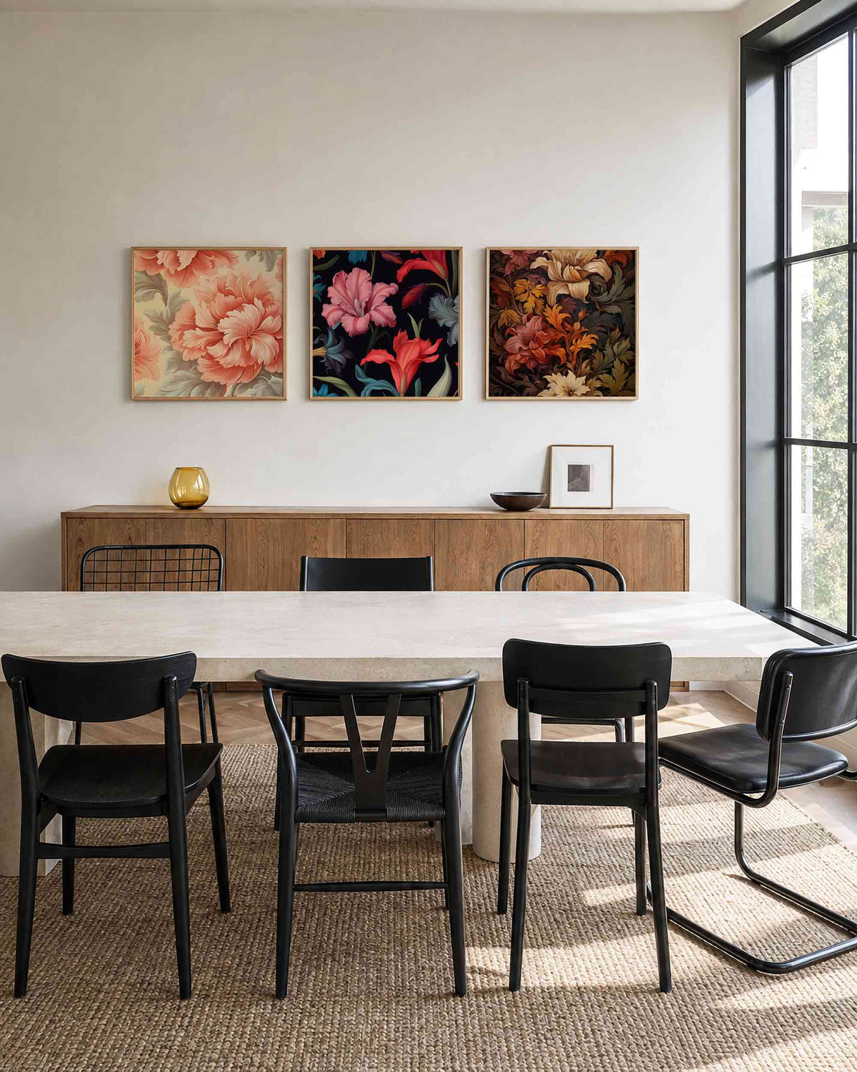 Interieurpresentatie van een driedelige vierkante posterset met kleurrijke bloemen