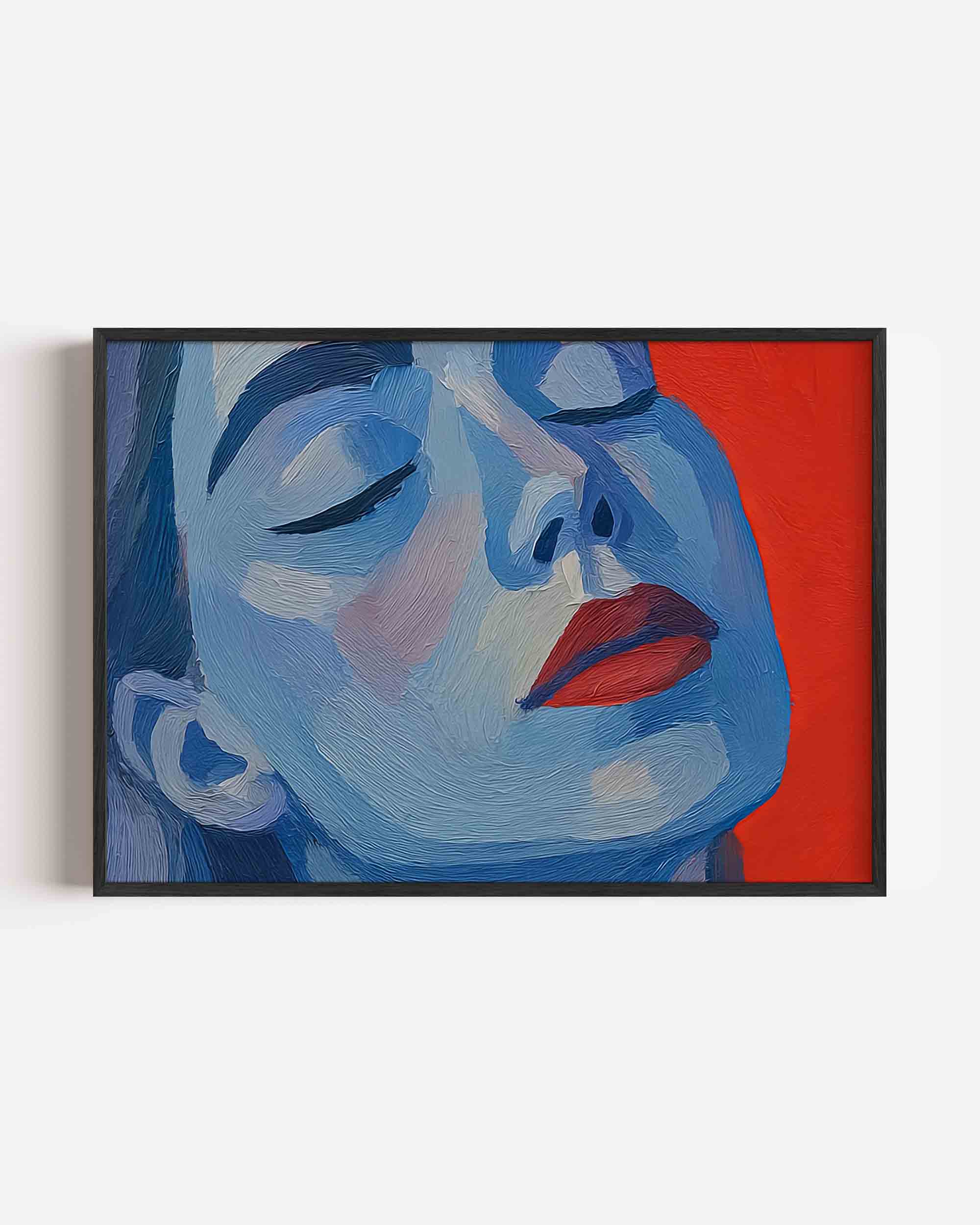 Blauw gezicht met rode achtergrond Poster