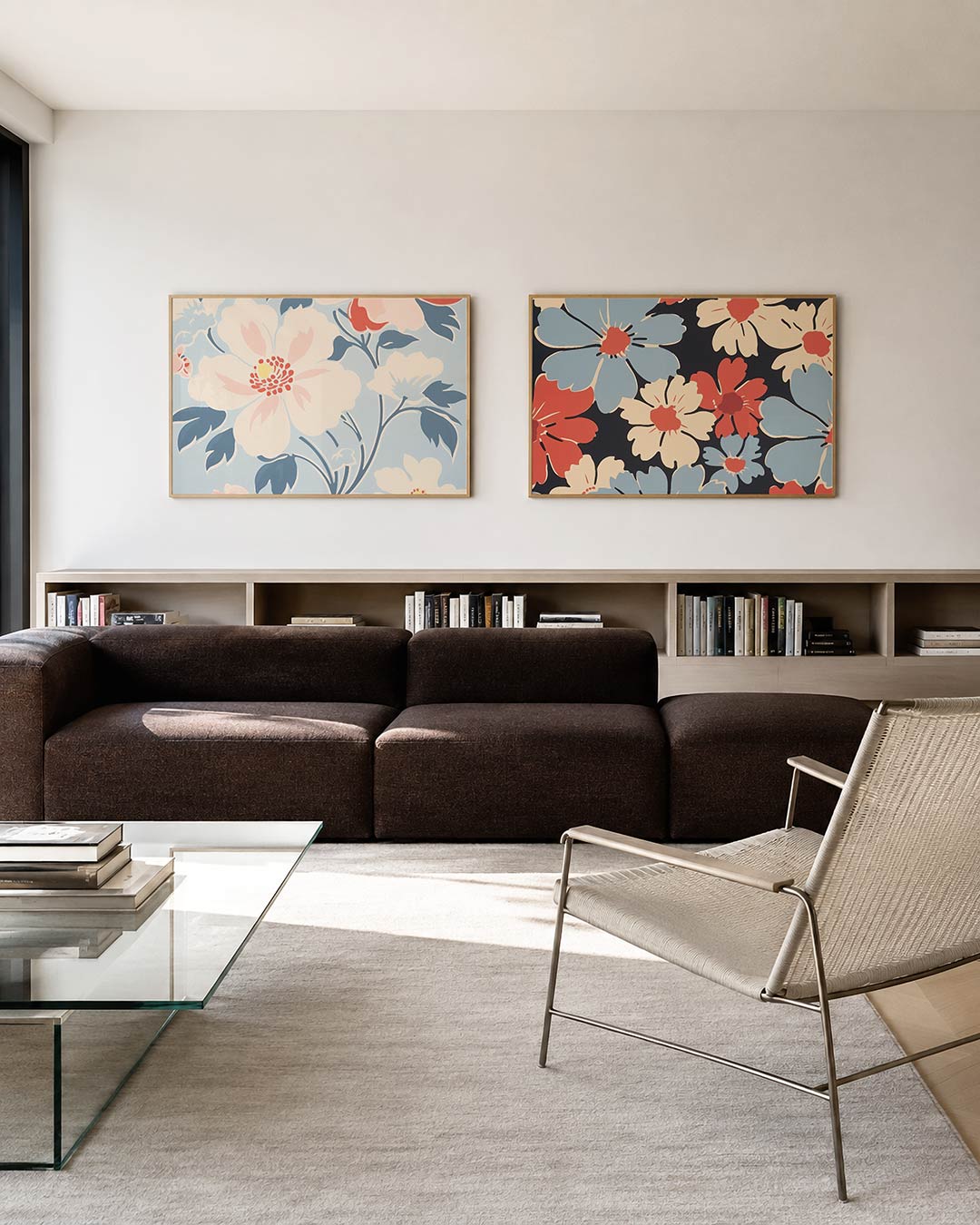 Twee liggende posters met grote bloemen in zachte tinten roze, blauw en crème, aan de muur in een interieur