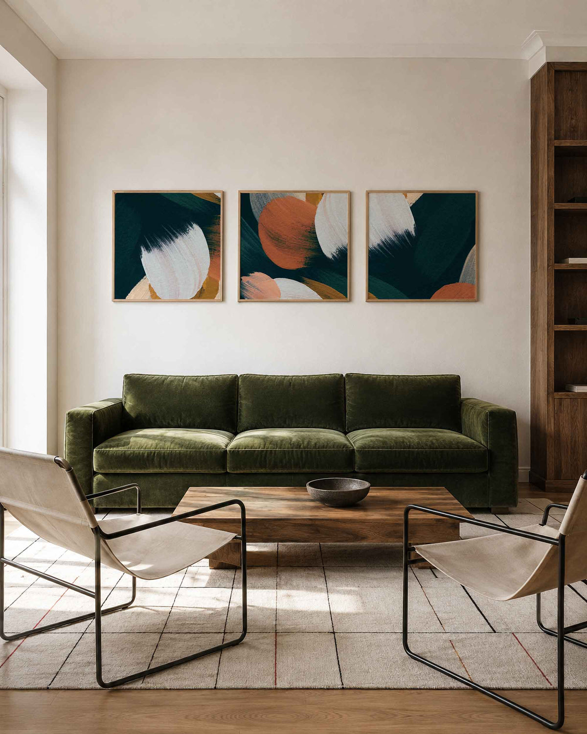 Interieurpresentatie van een driedelige vierkante posterset met abstracte penseelstreken