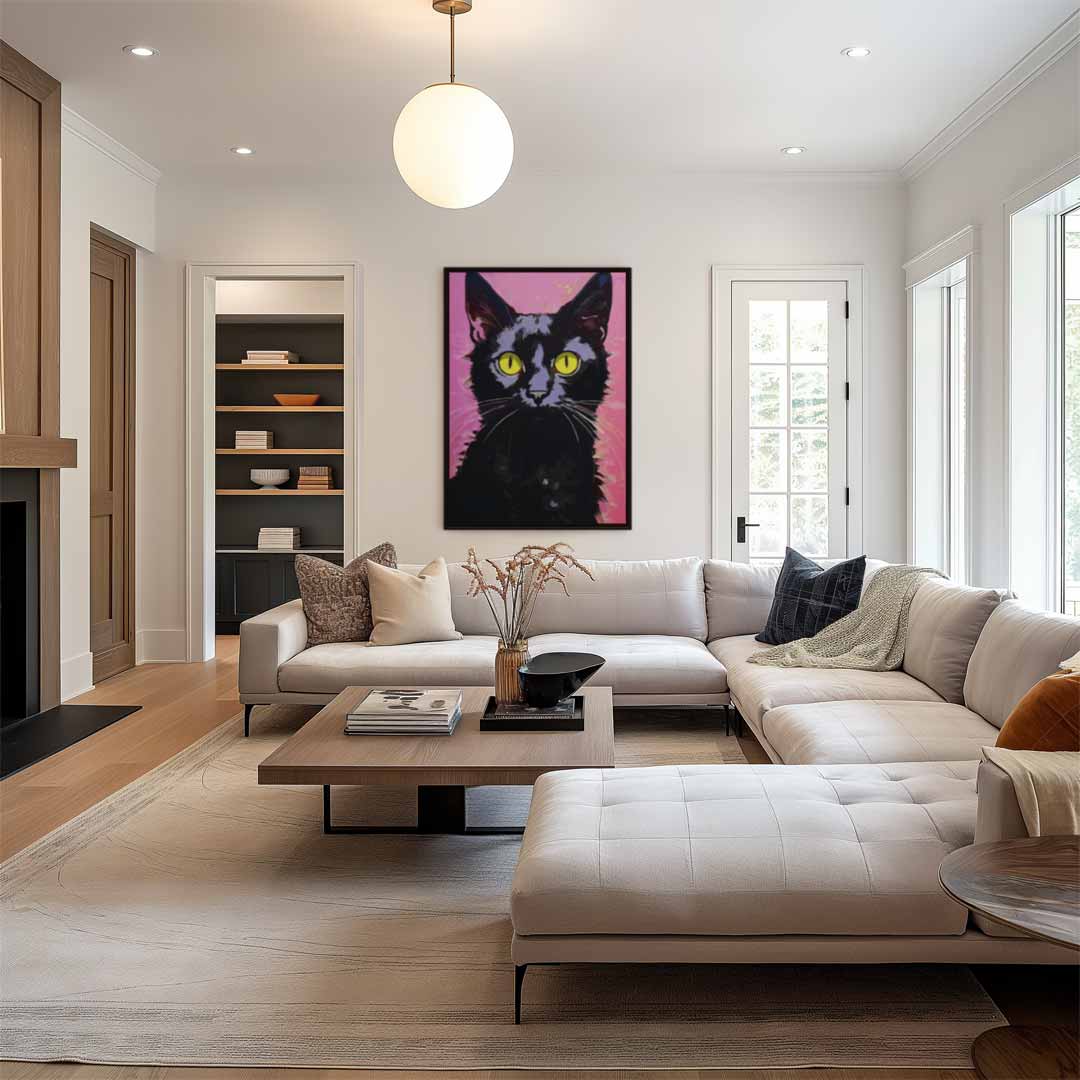 Kattenportret met Roze Achtergrond Kunstwerk-canvas-dibond-plexiglas-wanddecoratie-WallArtistic