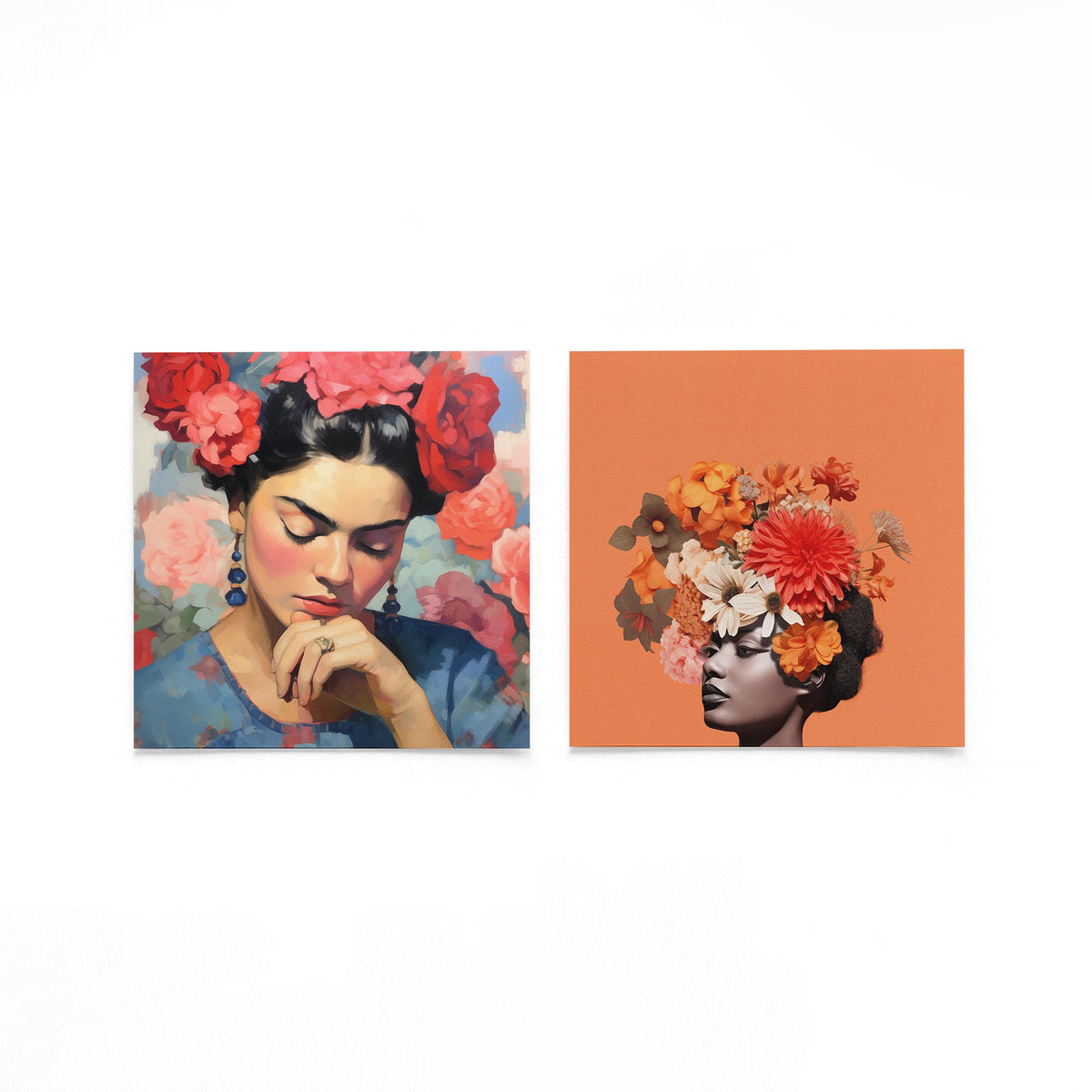 Twee vierkante posters met bloemenportretten op een gebroken witte achtergrond