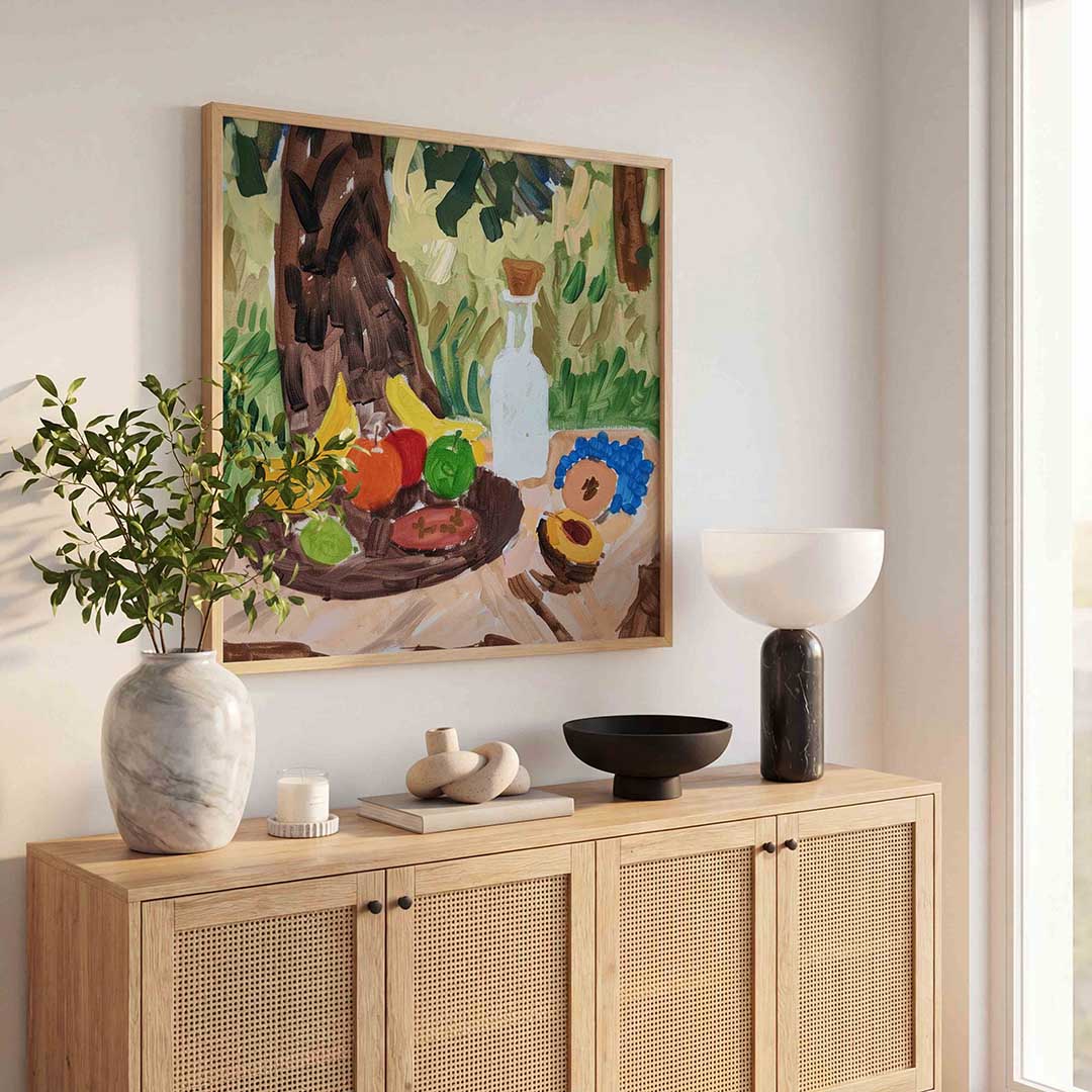 Fruit en fles op tafel Poster