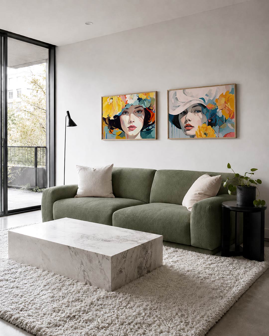 Twee liggende posters met een vrouwelijk gezicht met een bloemenhoed in levendige kleuren, aan de muur in een interieur