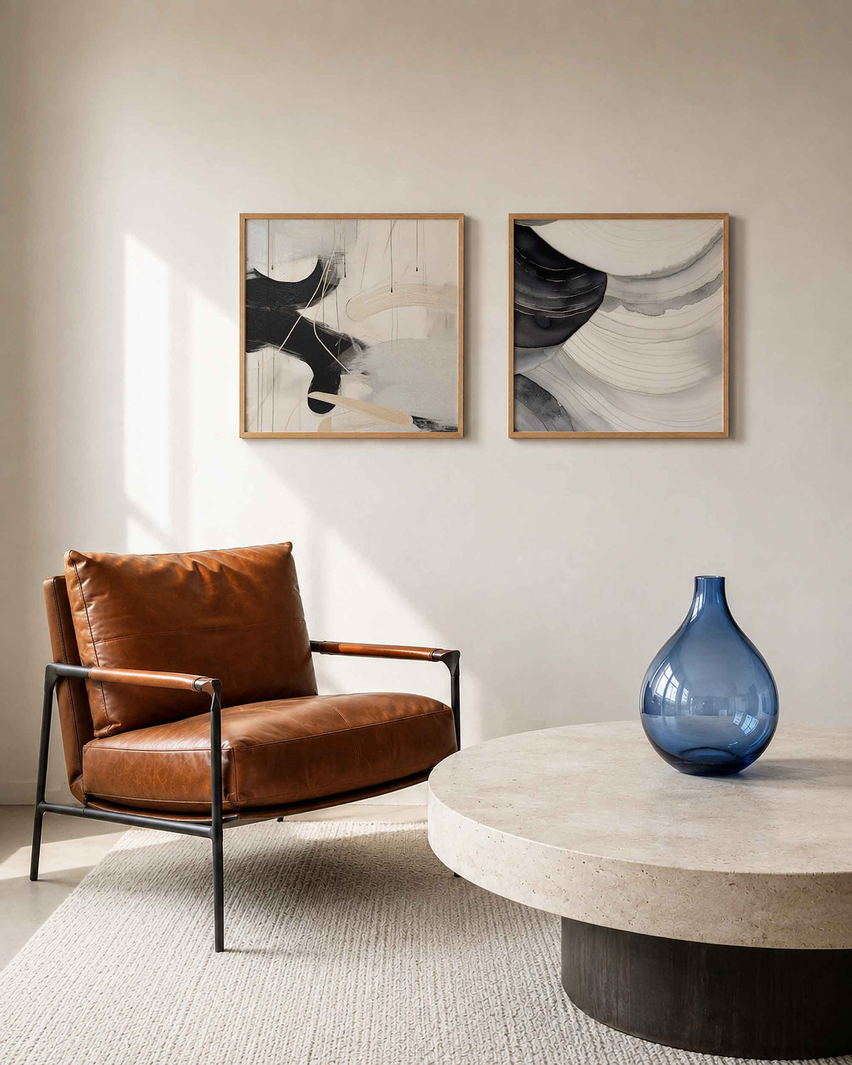 Interieurpresentatie van een tweedelige vierkante posterset met zwart beige lijnen
