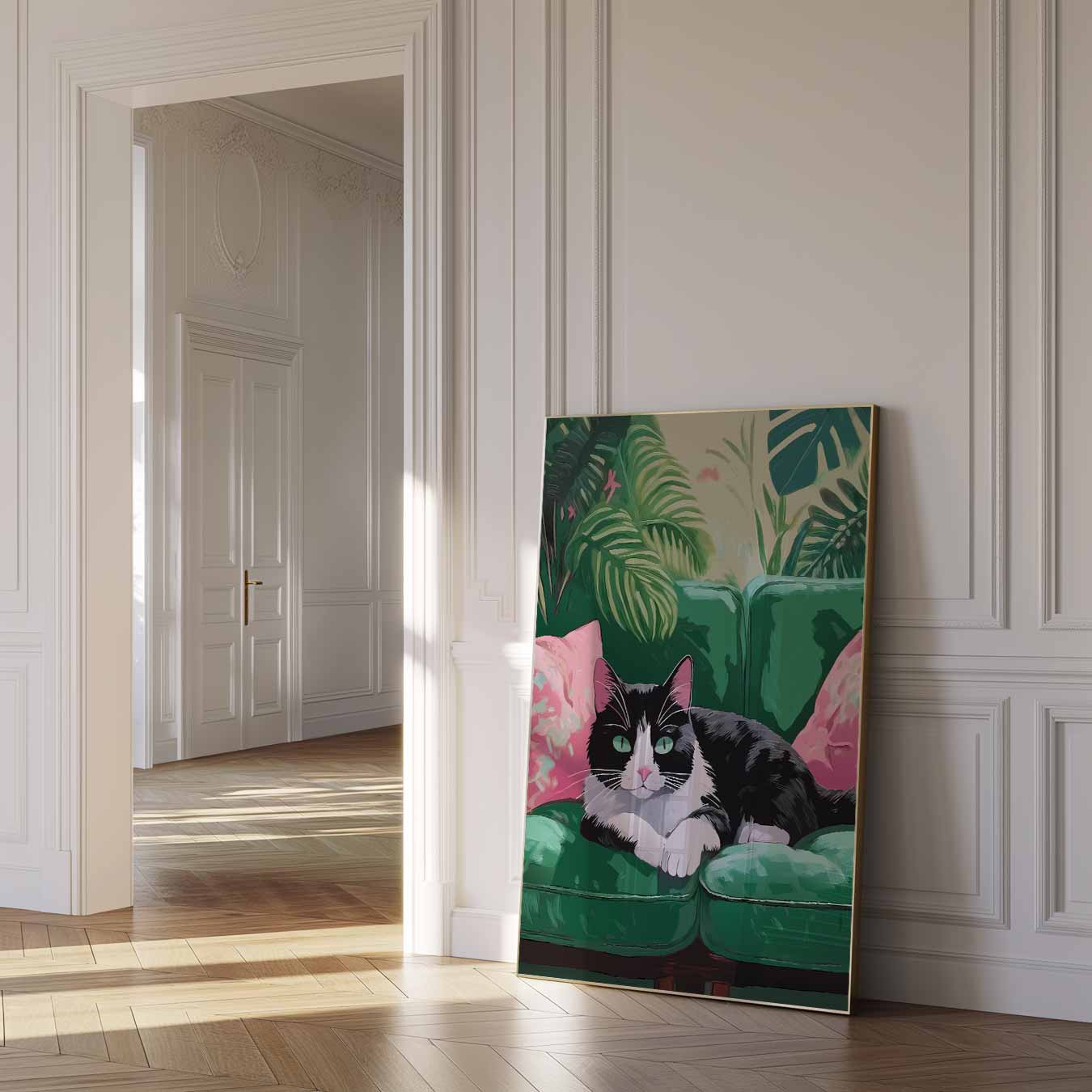 Tropische Kat Op Een Groene Bank Poster-WallArtistic
