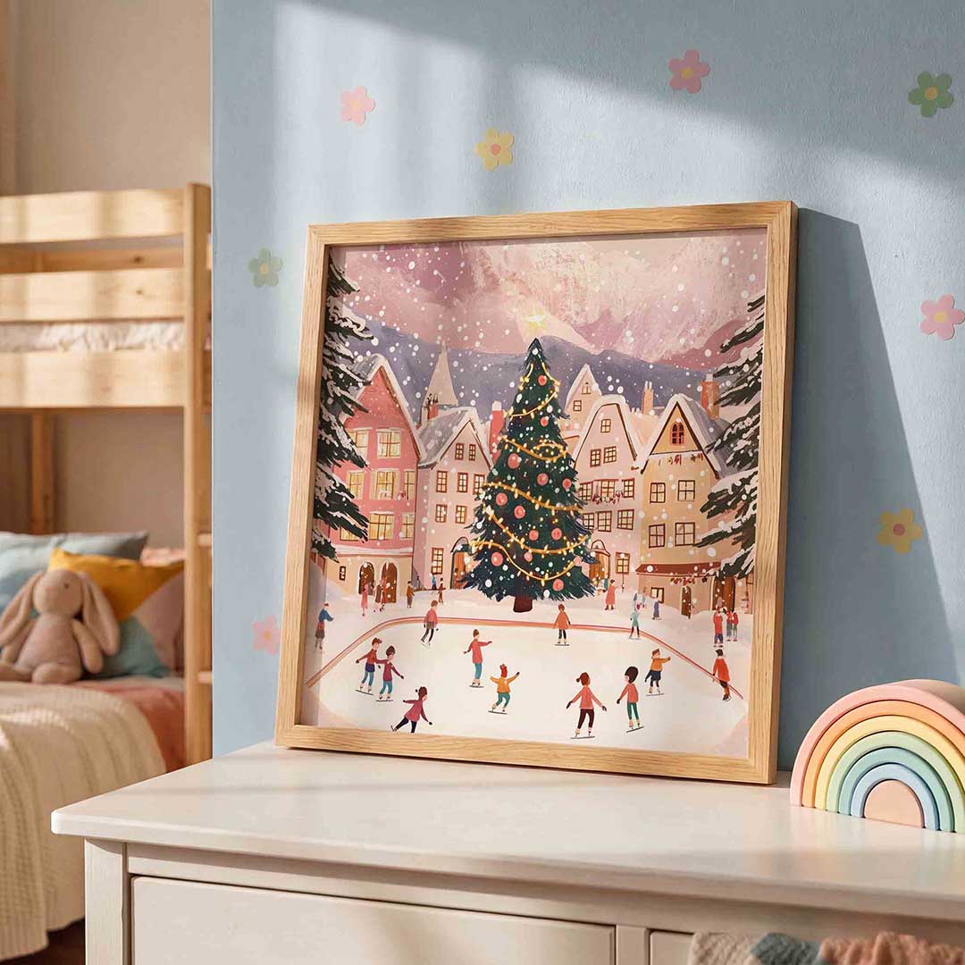 Schaatsende mensen bij kerstboom Poster