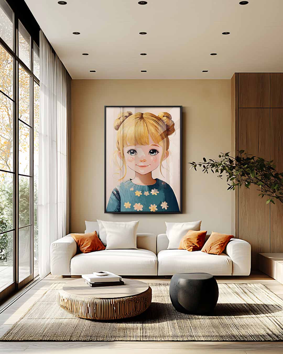 Dromerig Meisje met Bloemen Kunstwerk-canvas-dibond-plexiglas-wanddecoratie-WallArtistic