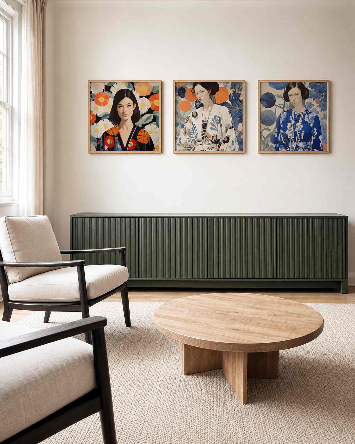 Interieurpresentatie van een driedelige vierkante posterset met portretten met bloemen