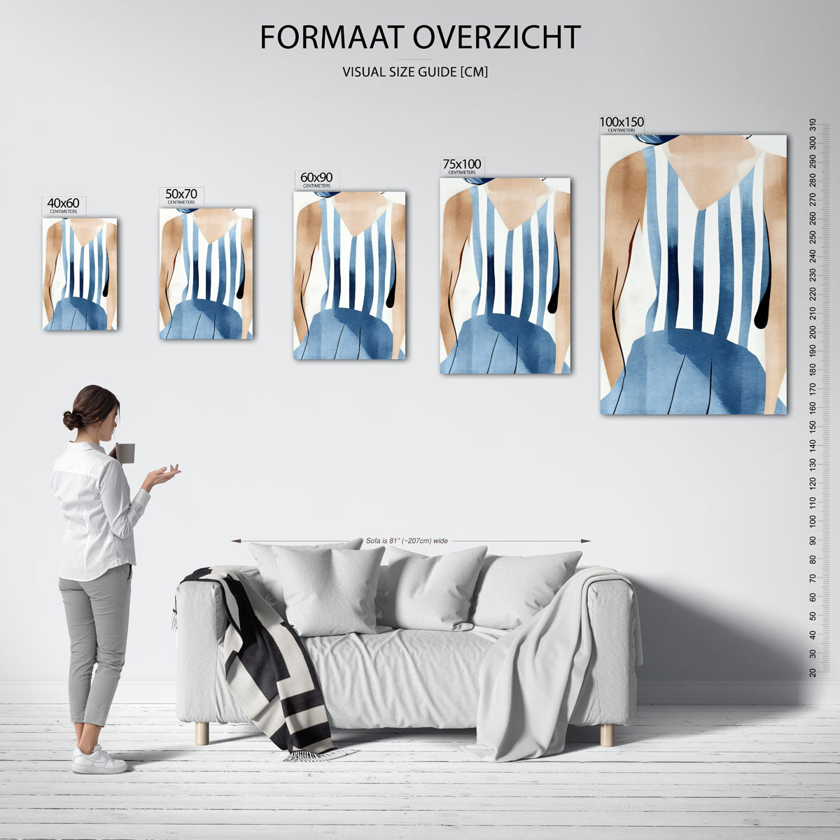 Gestreepte blauwe compositie Kunstwerk