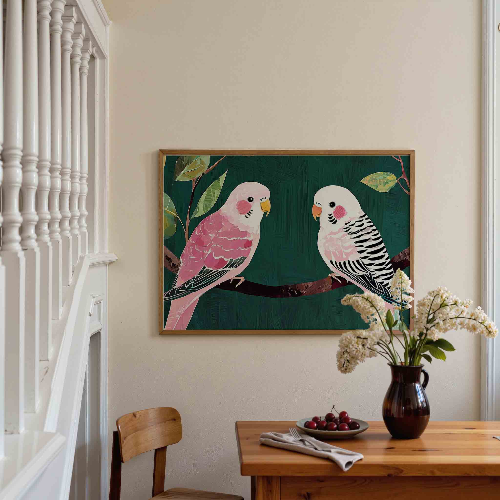 Twee parkieten op tak Poster